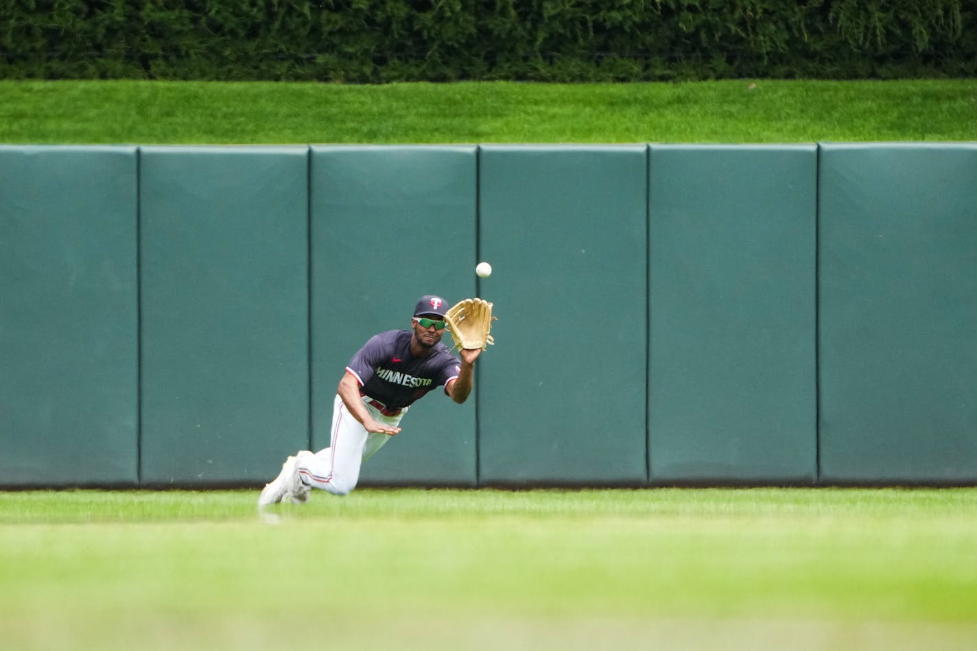 Minnesota Twins center fielder Michael A. Taylor (2) makes a diving catch against the San Diego Padres at Target Field in Minneapolis, Minn., on Thursday, May 11, 2023. The Minnesota Twins defeated the San Diego Padres 5-3. ] SHARI L. GROSS • shari.gross@startribune.com