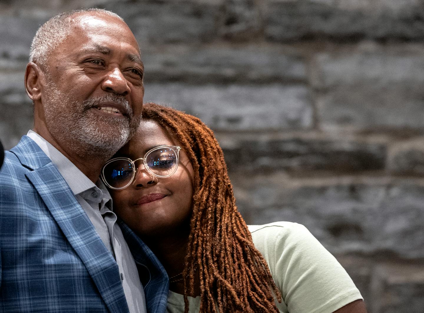 Don Samuels hugged his daughter Amani during a concession speech at his primary election night watch party Tuesday in Minneapolis.