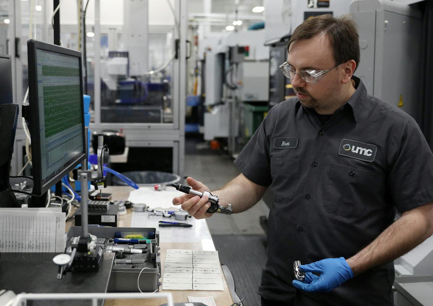 Mill turn machinist Bret Lauderbaugh showed off a tool that collects measurements and then sends the numbers via bluetooth to his main computer Wednesday. ] ANTHONY SOUFFLE &#xef; anthony.souffle@startribune.com Workers operated milling machinery Wednesday, May 24, 2017 at UMC Ultra Machining Co. in Monticello, Minn. An aging baby boomer customer group has caused growing medical sales for UMC which has also seen a surge in orders for its jet engine parts. As a result, company sales now expected