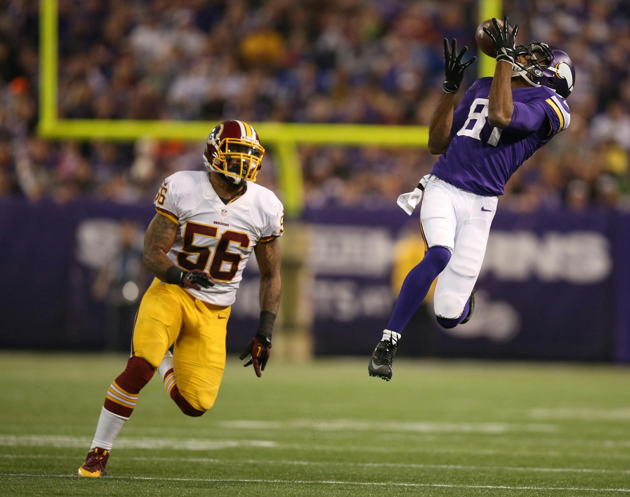 Vikings wide receiver Jerome Simpson caught a 25-yard pass from quarterback Matt Cassel in the fourth quarter.