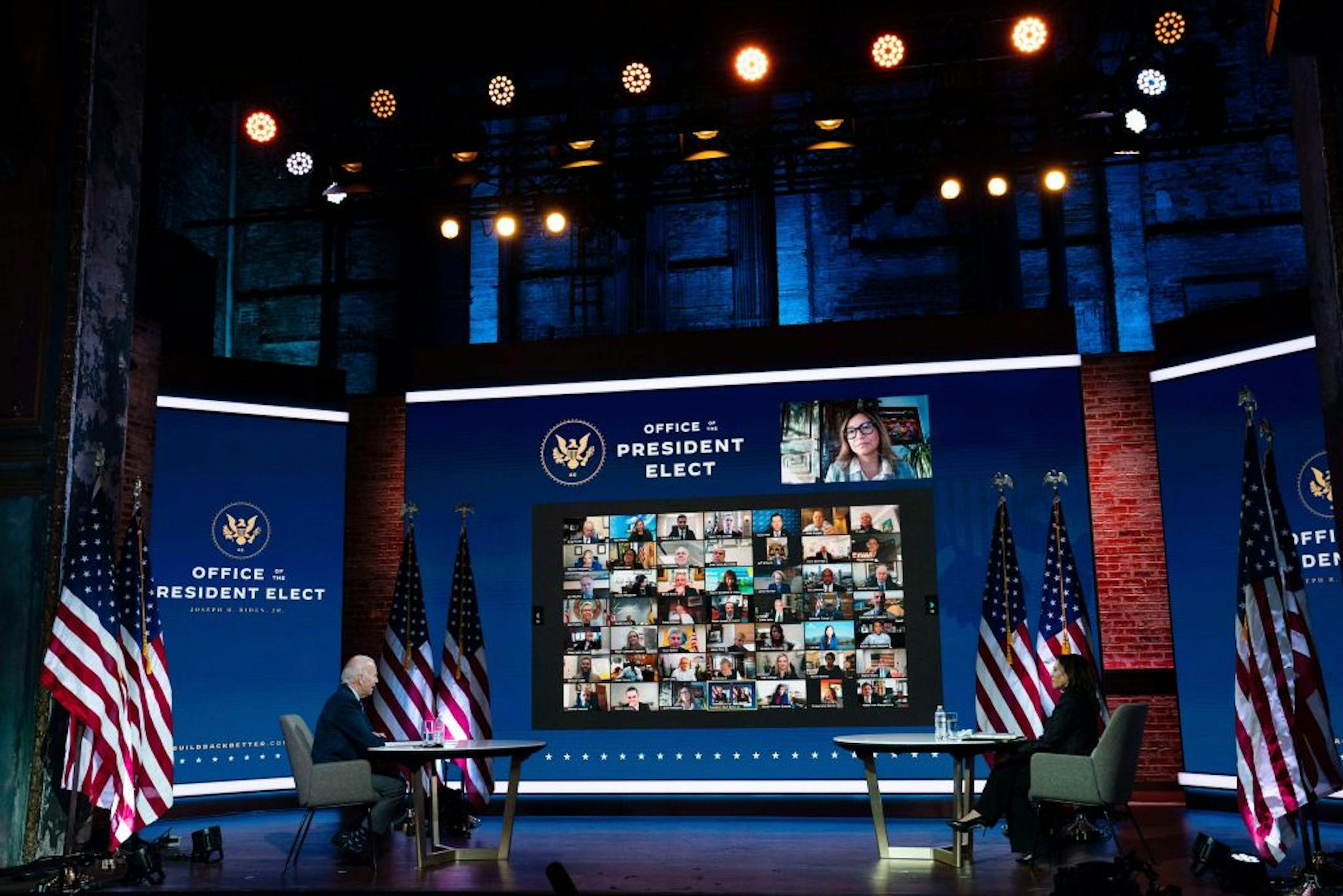 President-elect Joe Biden and Vice President-elect Kamala Harris attend a videoconference with members of the U.S. Conference of Mayors, in Wilmington, Del., on Monday, Nov. 23, 2020.