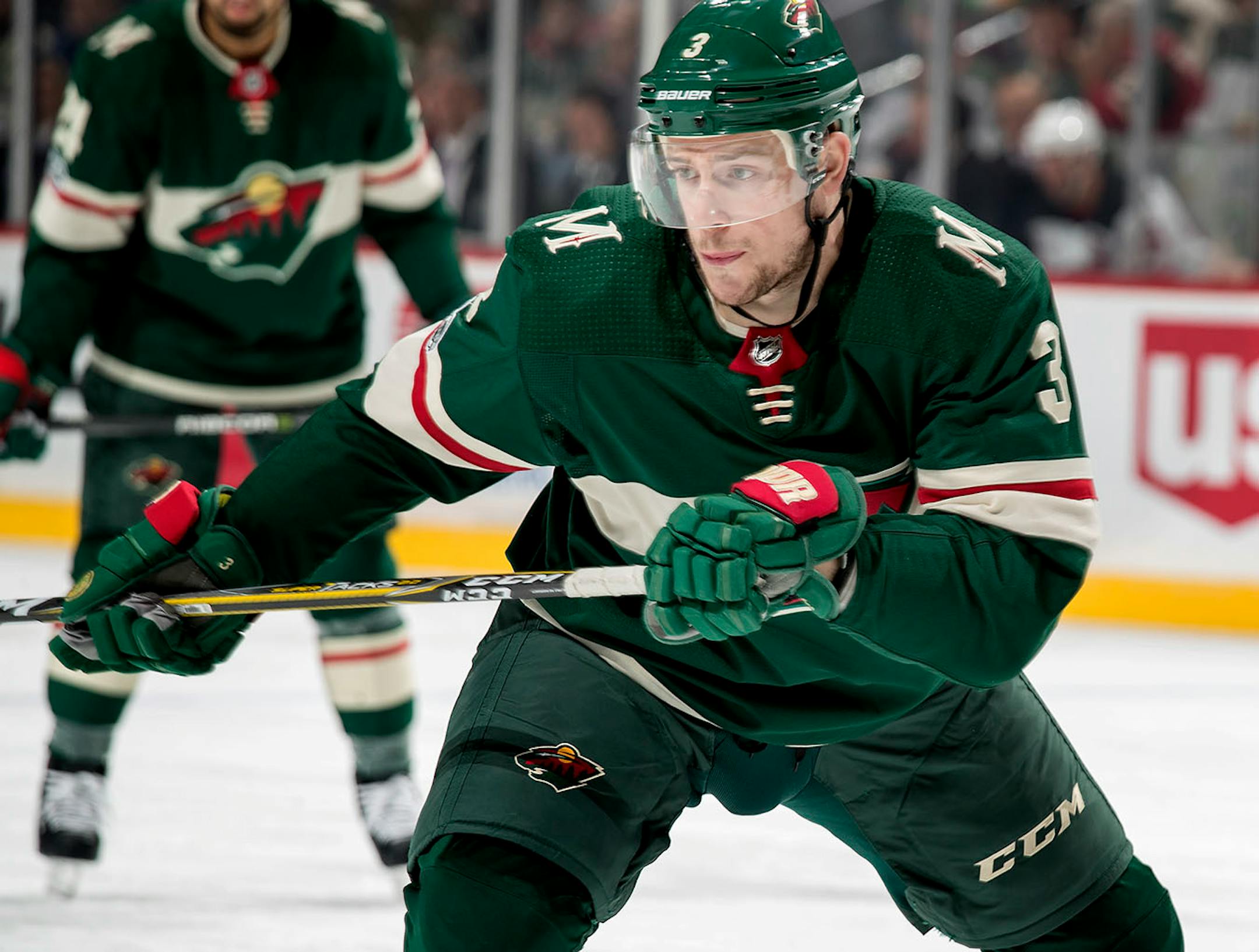 Charlie Coyle (3) chased the puck in the first period. ] CARLOS GONZALEZ ï cgonzalez@startribune.com - November 20, 2017, St. Paul, MN, Xcel Energy Center, NHL, Hockey, Minnesota Wild vs. New Jersey Devils