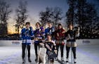 The Star Tribune's All Metro Boys Hockey First Team gathered for a portrait Sunday evening, February 5, 2023 on the backyard rink of Tom Schoolmeester