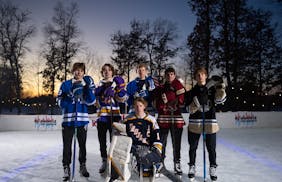 The Star Tribune's All Metro Boys Hockey First Team gathered for a portrait Sunday evening, February 5, 2023 on the backyard rink of Tom Schoolmeester