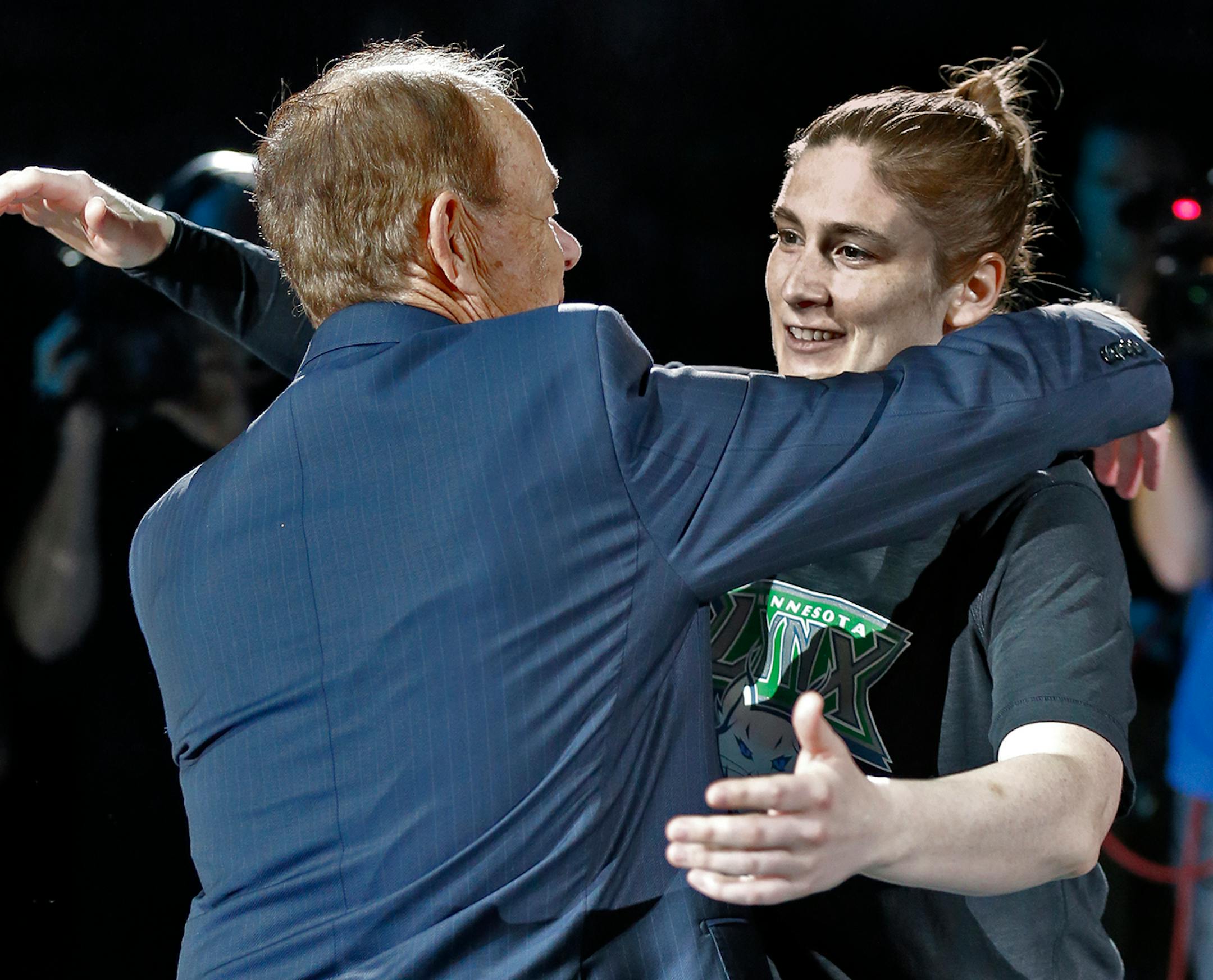 Lynx owner Glen Taylor congratulated Lindsay Whalen during a championship ring presentation before the start of the game. ] Minnesota Lynx vs, Connecticut Sun (MARLIN LEVISON/STARTRIBUNE(mlevison@startribune.com)