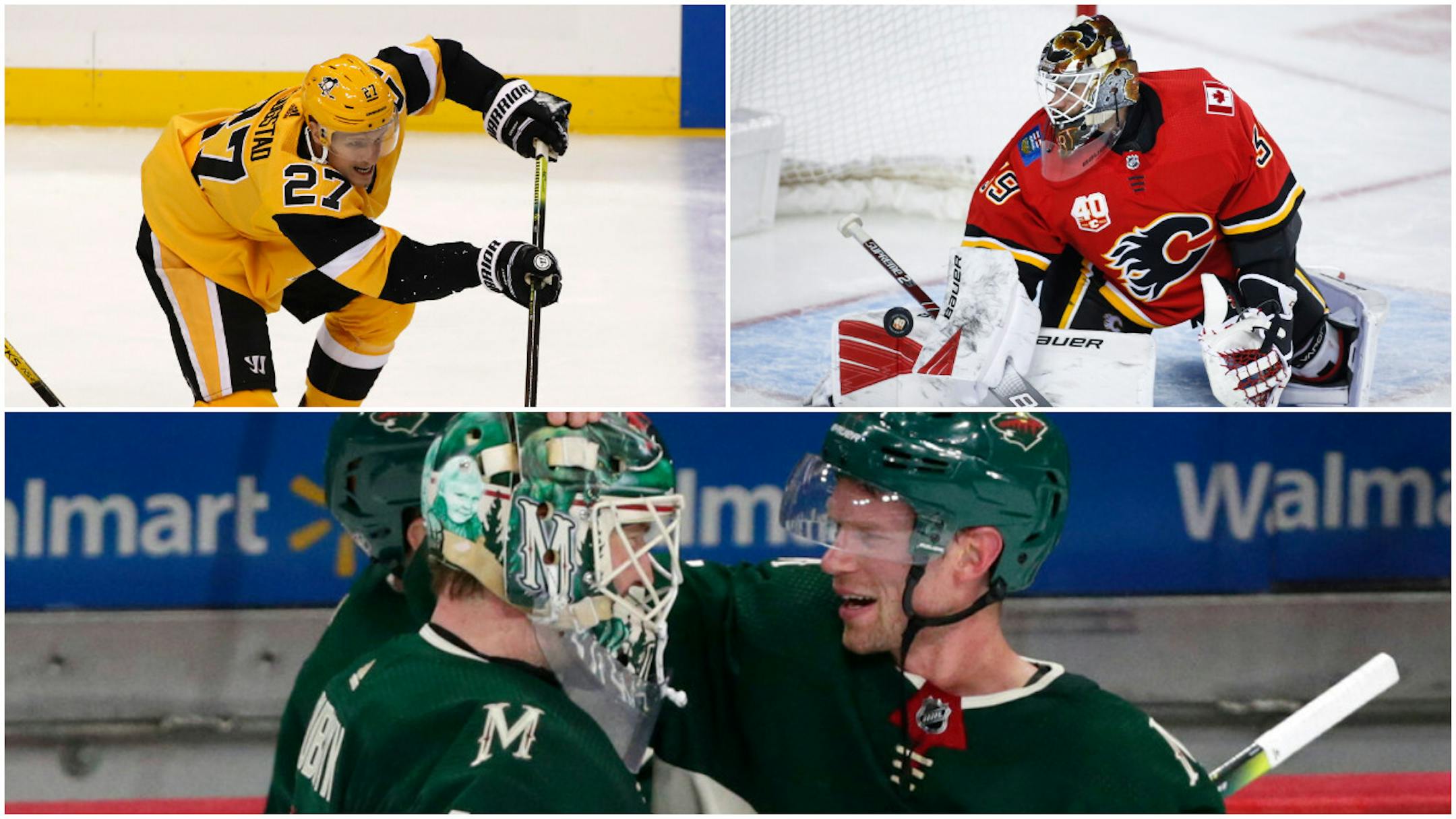 Forward Nick Bjugstad (top left) and goalie Cam Talbot (top right) are among the new Wild players who will be replacing, among others, Devan Dubnyk and Eric Staal.