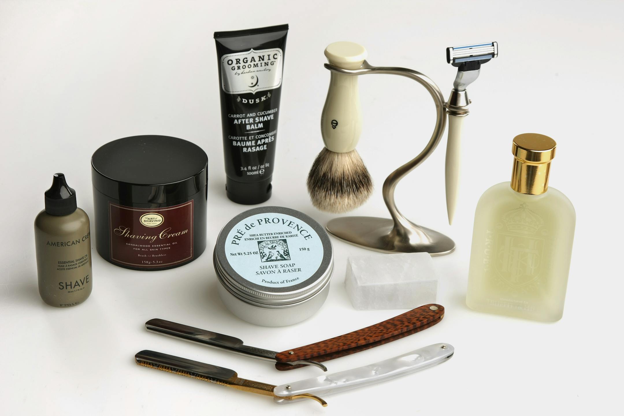 TOM WALLACE � twallace2@startribune.com
Assign#00003189 Slug: widget06xx May 29, 2008
Accoutrements for creating an at-home shaving experience. From the left: American Crew's Essential Shave Oil ($12), from Winston's. The Art of Shaving's Shaving Cream in Sandalwood ($40), from Cherie Boutique. Organic Grooming by Herban Cowboy's's Carrot and Cucumber After-Shave Balm ($xx) from xxxxx. Pre de Provence's Shea Shave Soap ($15) from StormSister Spatique, 635 S. Smith Av., St. Paul, 612-716-5480. e