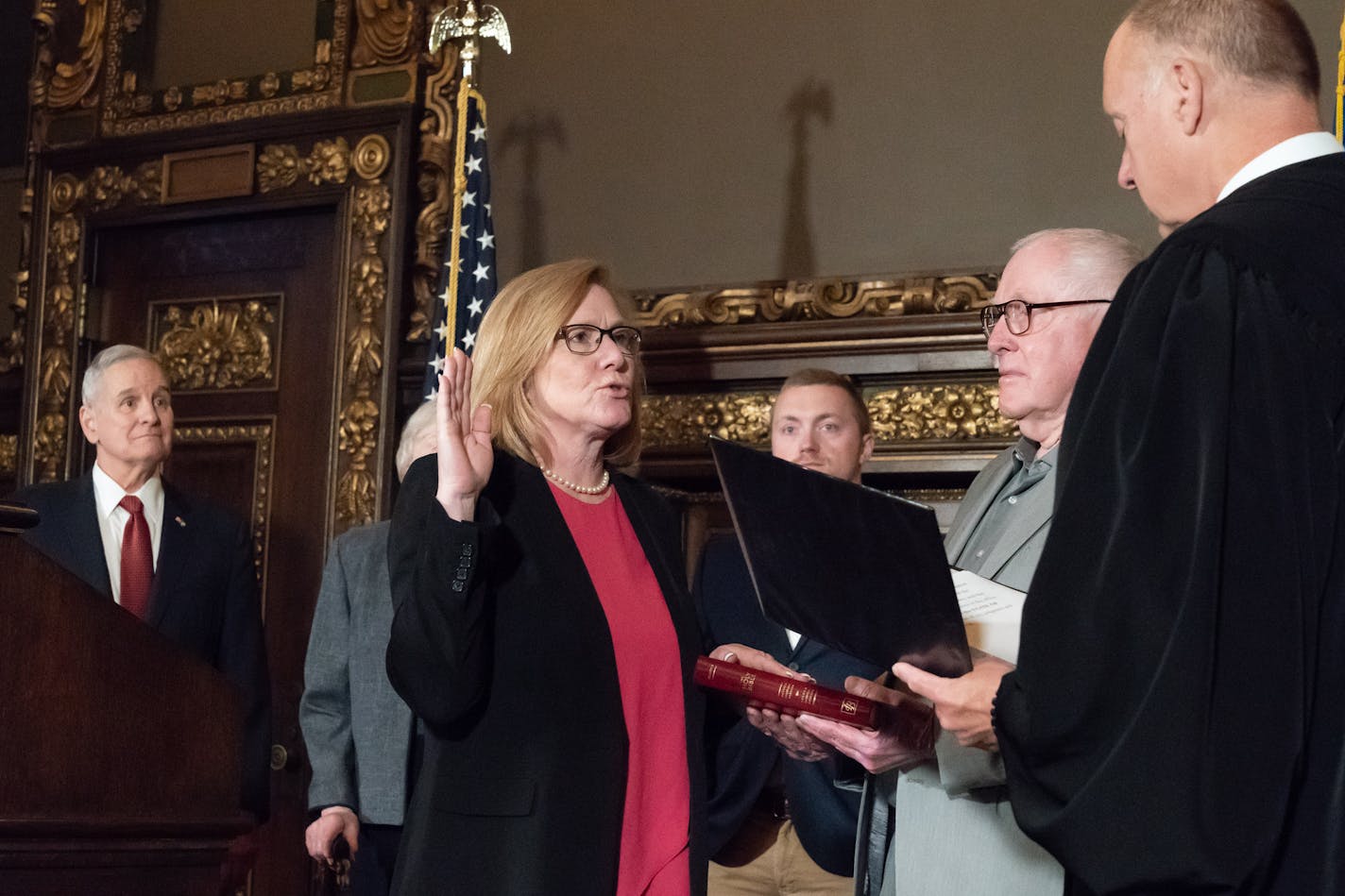 State Sen. Michelle Fischbach is sworn in as lieutenant governor. ] GLEN STUBBE &#xef; glen.stubbe@startribune.com Friday, May 25, 2018 State Sen. Michelle Fischbach to take Oath of Office as lieutenant governor, though she's functionally held the position since early January, as DFLers and two lawsuits maintained that the constitution doesn't allow her to hold both positions. This may signal Fischbach is resigning from the Senate; she's seen as a possible lieutenant governor running mate for Ti