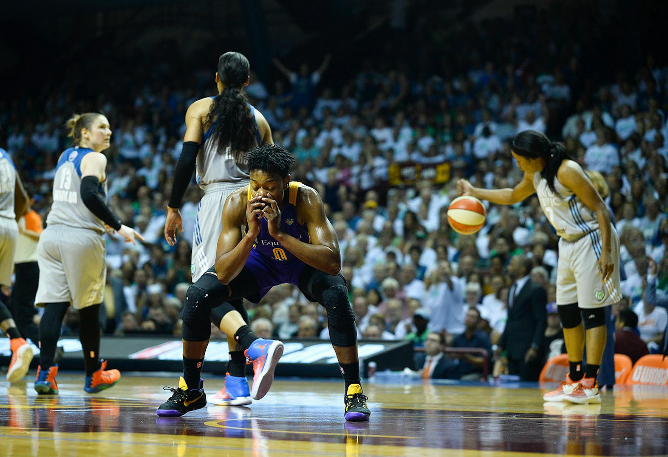 Los Angeles Sparks guard Alana Beard (0) reacted after being called for an offensive foul in the second quarter Sunday.