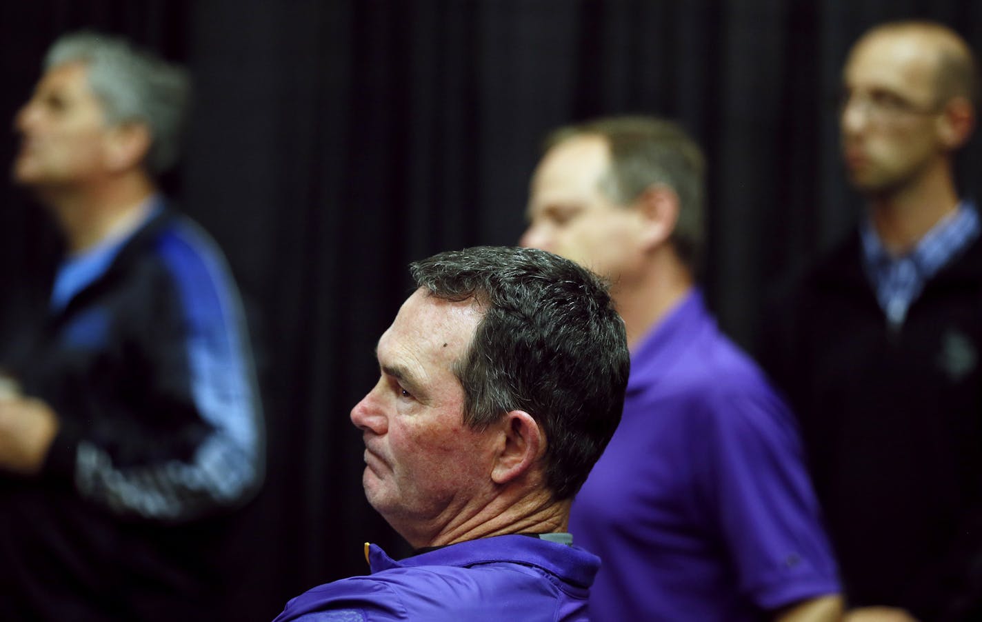 Head coach Mike Zimmer listened as Vikings general manger Rick Spielman talked with reporters about the decision to play Adrain Peterson Sunday at New Orleans Monday September 15 , 2014 in Eden Prairie ,MN. ] Jerry Holt Jerry.holt@startribune.com