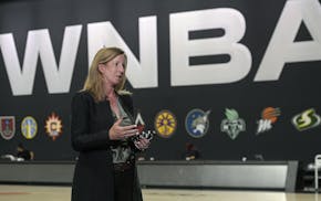 WNBA Commissioner Cathy Engelbert answers questions about a postponed game between the Seattle Storm and the Minnesota Lynx after Game 1 of a WNBA bas