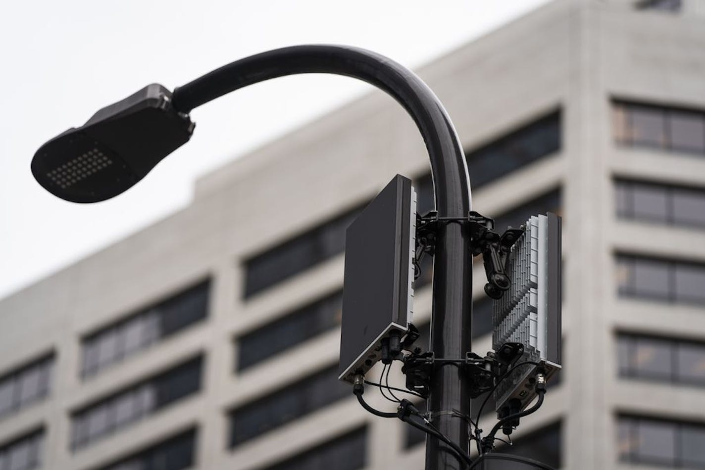 5G antennas on a light pole seen on 3rd Avenue in downtown Minneapolis.