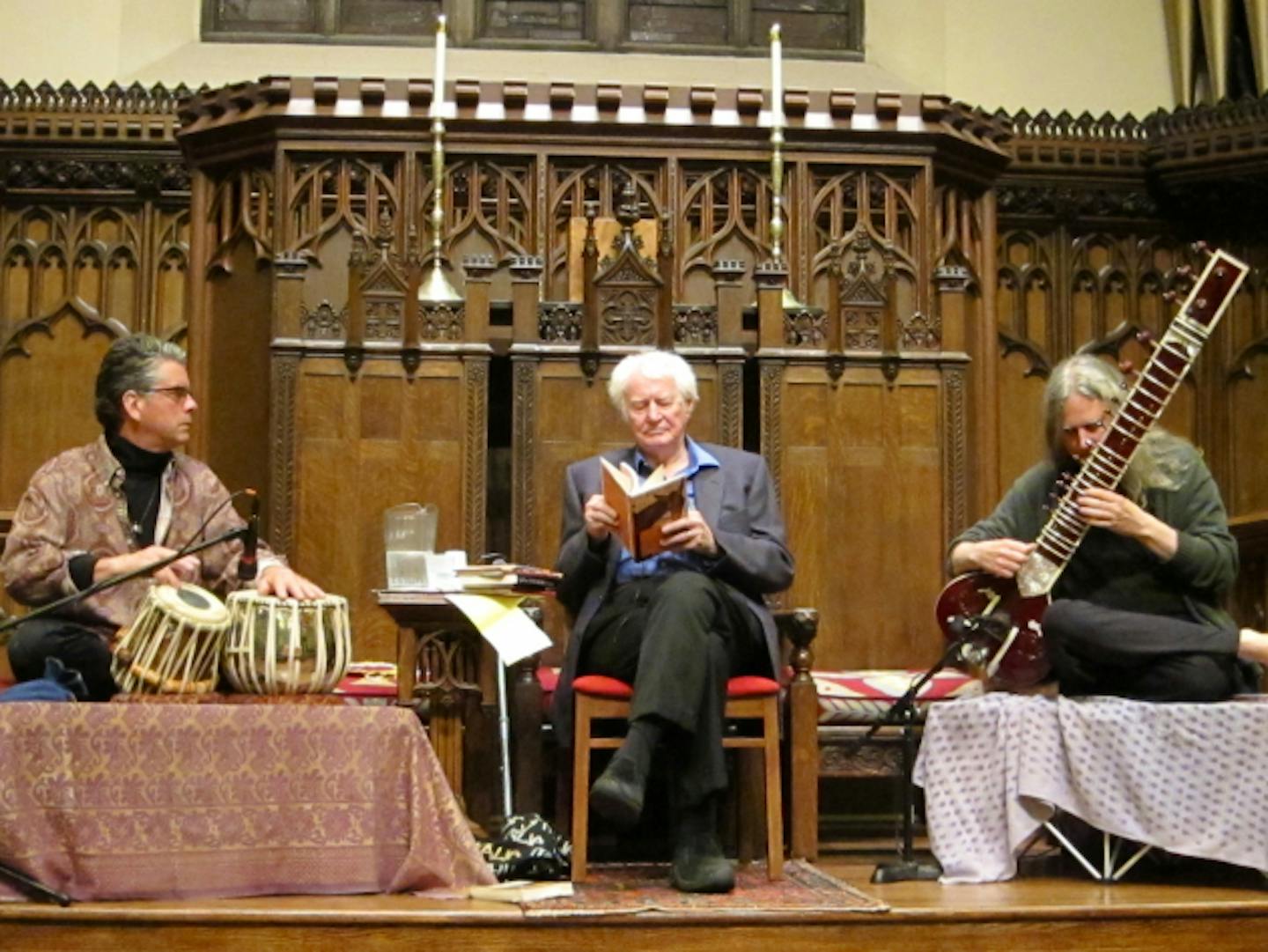 Robert Bly with musicians Marcus Wise and David Whetstone, in Minneapolis on Monday night. Photo by Laurie Hertzel