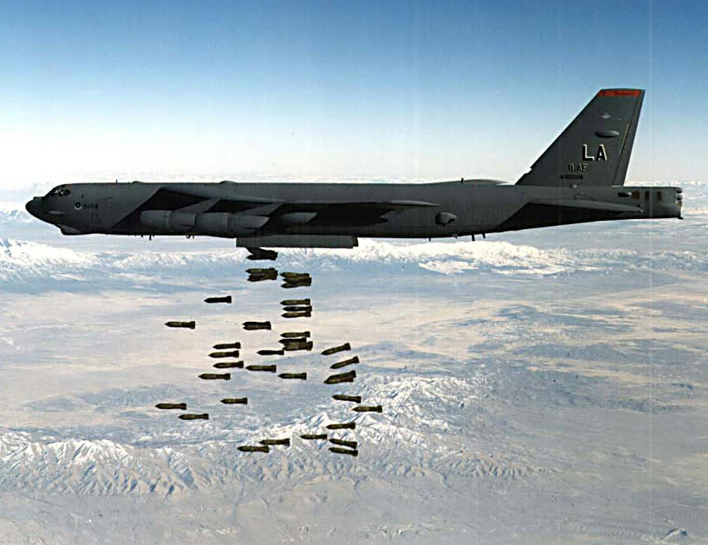 This undated handout photo shows a U.S. Air Force B-52 bomber. On Wednesday Oct. 31, 2001, the United States used B-52 bombers and other warplanes "all over the country, including (against) Taliban forces in the north," said Rear Adm. John Stufflebeem, deputy director of operations for the Joint Chiefs of Staff. (AP Photo/U.S. Department of Defense, HO) ORG XMIT: LON102