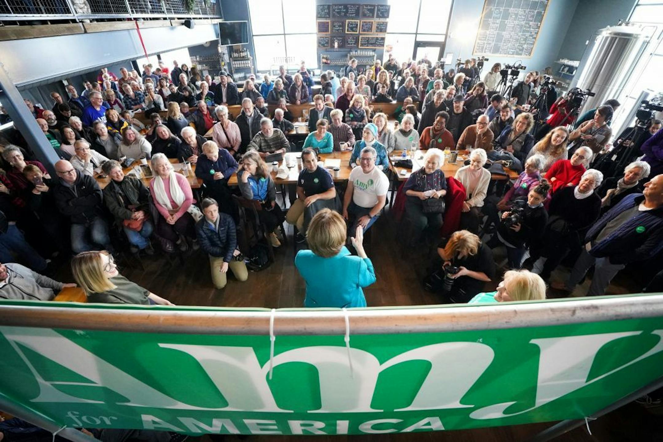 Amy Klobuchar returned to Iowa after being stuck in Washington D.C. for the impeachment trial. She spoke at a Get Out the Vote event at Crawford Brew Works in Bettendorf, Iowa, the first of four events around the state.