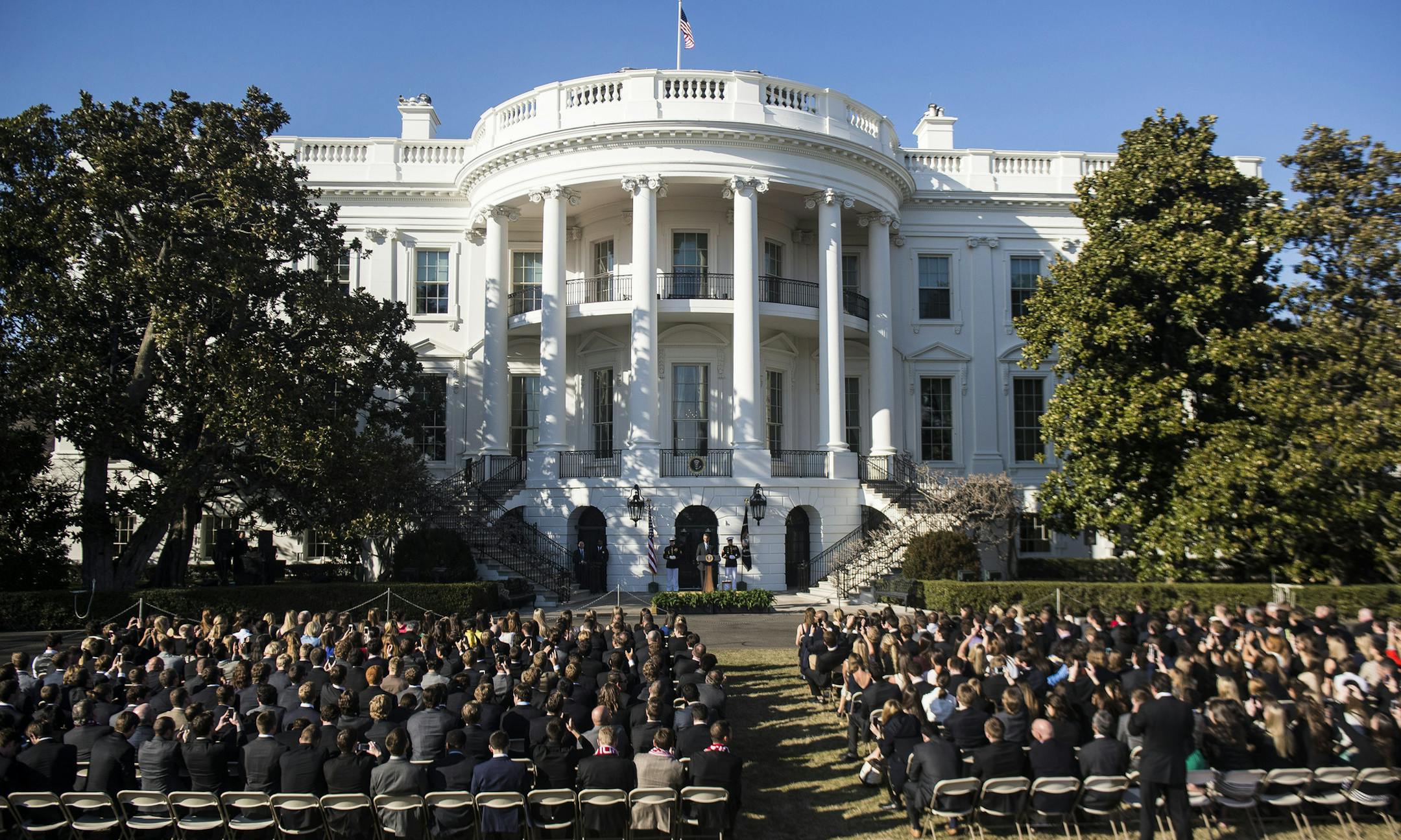 President Barack Obama speaks at an event honoring the champions in NCAA Division 1 Men's and Women's sports at the White House in Washington, March 10, 2014. (Gabriella Demczuk/The New York Times)