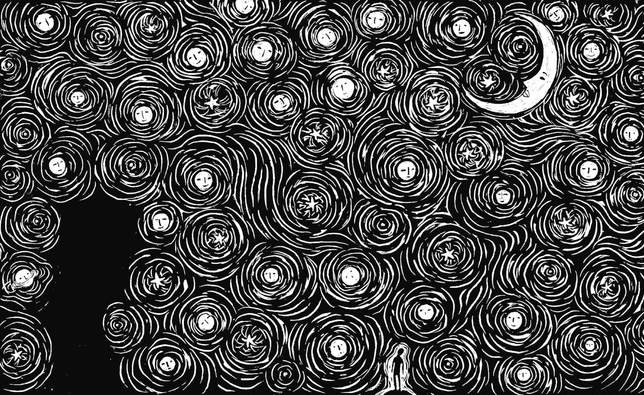 200 dpi 67p x 40p Michelle Kumata color illustration of Van Gogh style starry night with small figure gazing into heavens, stars and moon have human faces. The Seattle Times 1998 CATEGORY: ILLUSTRATION
FILENAME: Starry Night ILLUS.jpg
ARTIST: Michelle Kumata
RESEARCHER: Staff
ORIGIN: The Seattle Times
TYPE: JPEG
SIZE: As needed
POSTED: 11/27/98