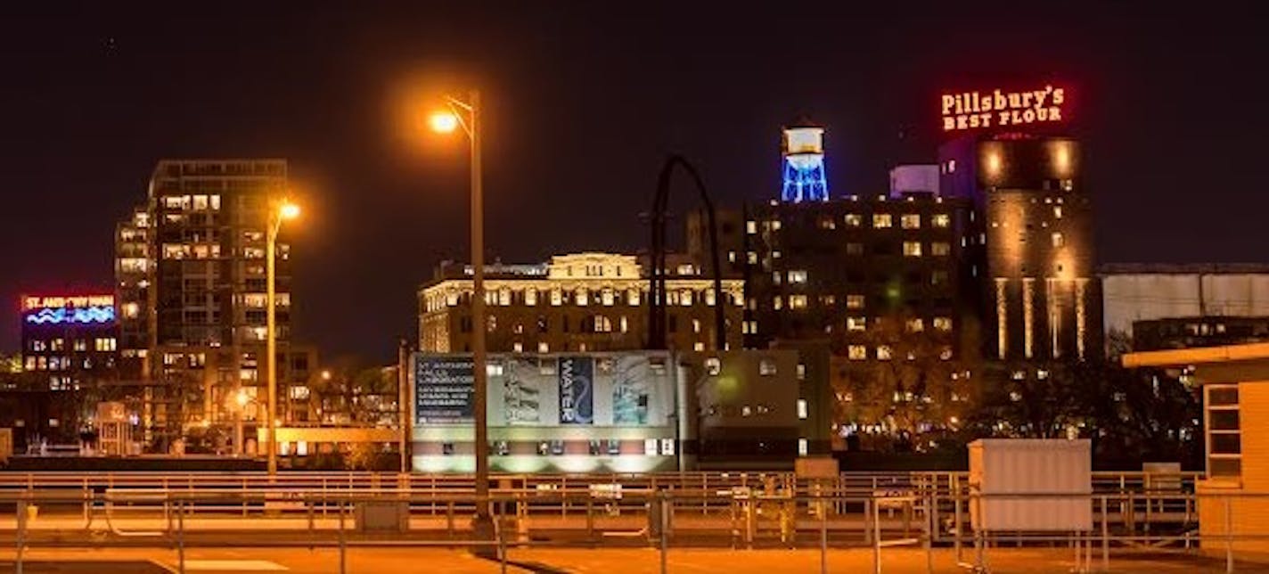 Here's how the Pillsbury A Mill complex looked Monday night after the Pillsbury's Best Flour sign was re-lit after a complete refurbishment. The water tower and the mill complex also have new lighting. Photo courtesy of James Eastman