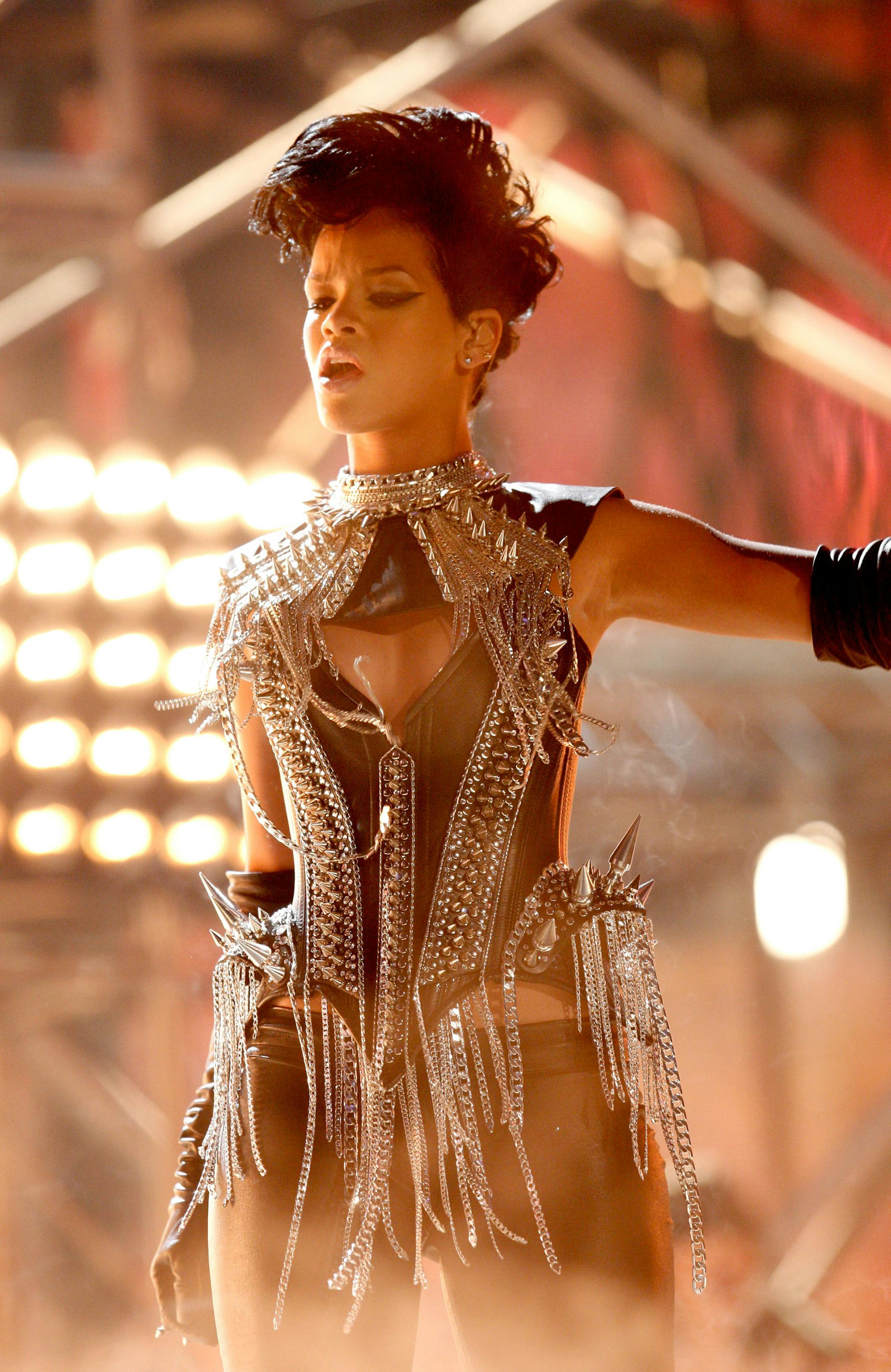Rihanna performs onstage during the 2008 American Music Awards held at Nokia Theatre November 23, 2008 in Los Angeles, California.