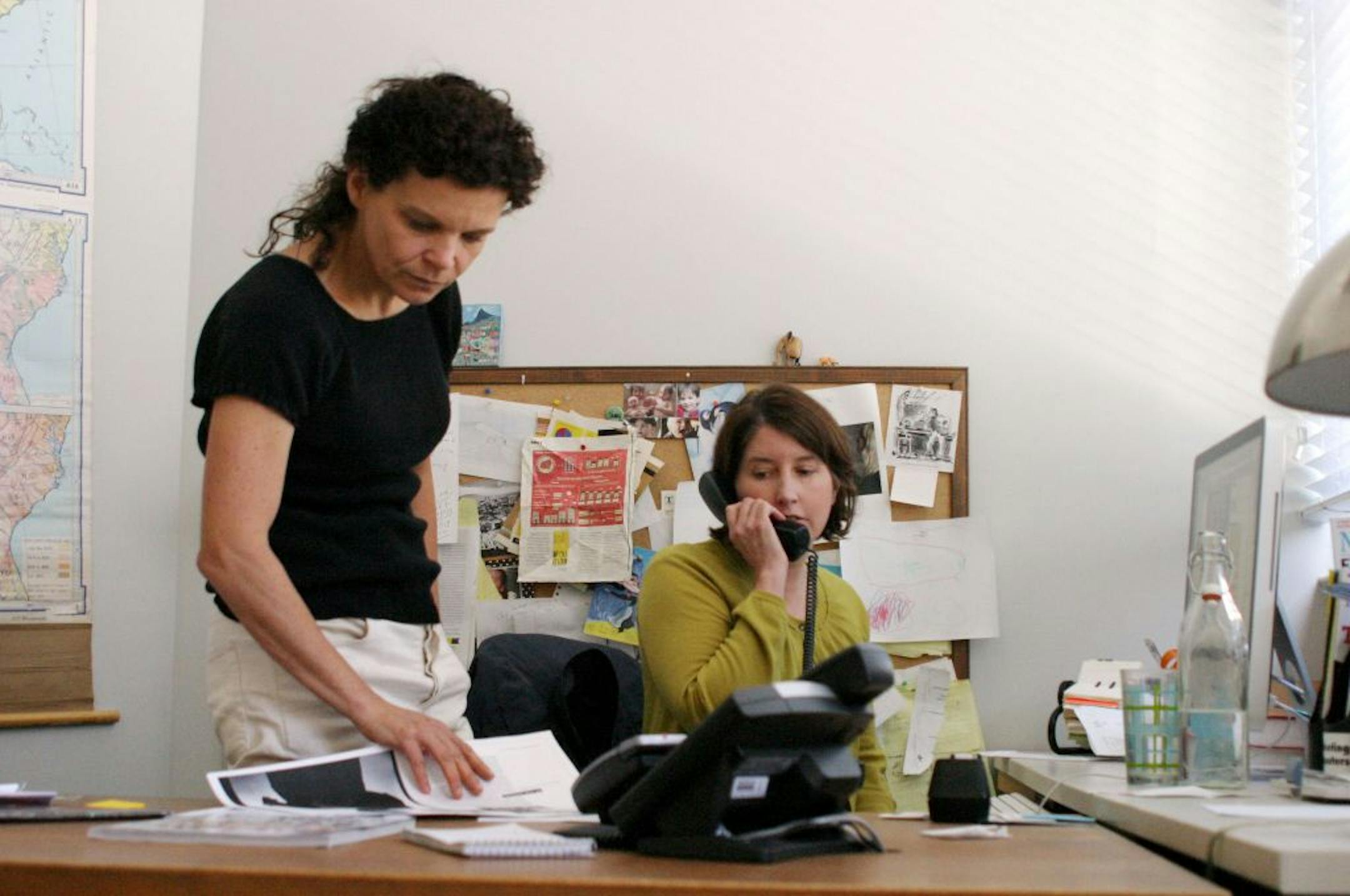 Mother Jones co-editors Monika Bauerlein , left, and Clara Jeffery fielded phone calls a day after the magazine released a secretly recorded video of Mitt Romney at a fundraising dinner in Florida.