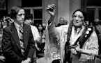 February 12, 1974 Peace! -- St. Paul Mayor Lawrence Cohen and Frank Fools Crow, Kyle, S.D., Pine Ridge Reservation sun dance chief, participated in pe