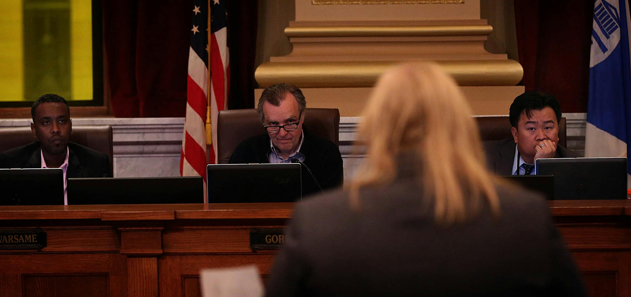Members of the Public Safety, Civil rights and Emergency Management Committee listened to Teresa Nelson, legal director for the ACLU of Minnesota, during the meeting. Nelson was in favor of repeal of the ordinances. Committee members are (l to r): Abdi Warsame, Cam Gordon and Blong Yang. ] JIM GEHRZ &#xef; james.gehrz@startribune.com / St. Paul, MN / May 6, 2015 /1:30 PM - BACKGROUND INFORMATION: The Minneapolis City Council on Wednesday is holding public hearings to discuss the possible repeal
