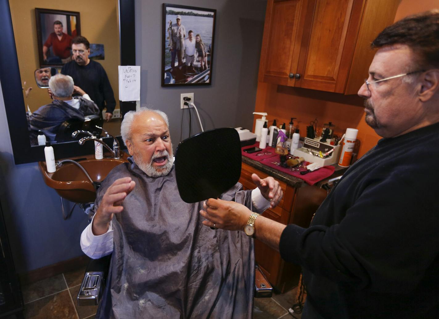 Former St. Paul Mayor George Latimer jokes with his long time barber George Ficocello at Gregs Barber shop in Mendota on a recent visit.] BRIAN PETERSON &#x201a;&#xc4;&#xa2; brianp@startribune.com Mendota, MN - 2/5/2015