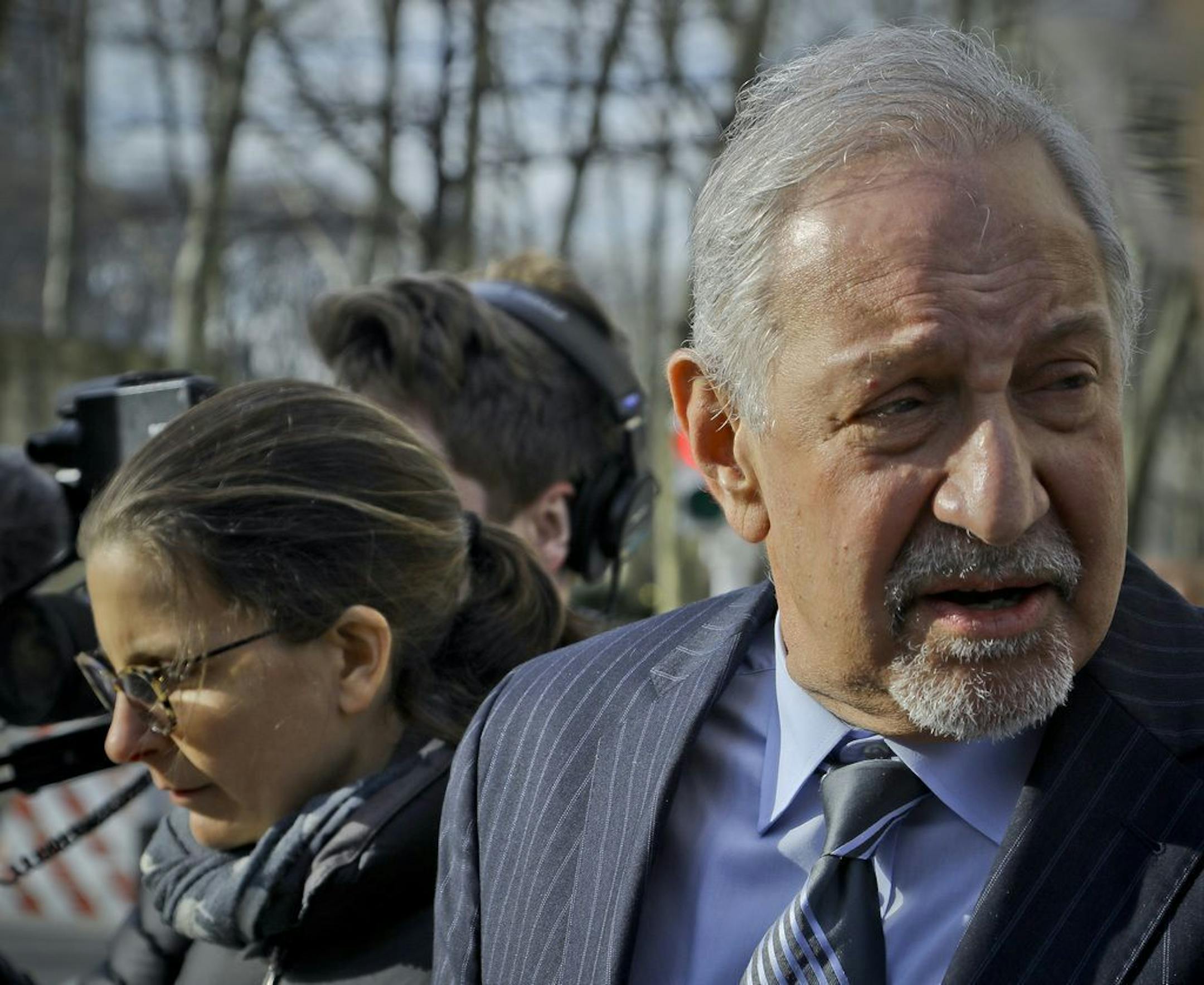 Attorney Mark Geragos, right, leaves Brooklyn Federal Court with Clare Bronfman, left, a member of Nxivm-- an organization charged in sex trafficking, after she received medical attention while in court, Wednesday March 27, 2019, in New York.