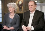 In this handout photo courtesy of Solters & Digney PR, actress Julia Duffy, left, and actor Bob Newhart listen during an interview with the cast of th