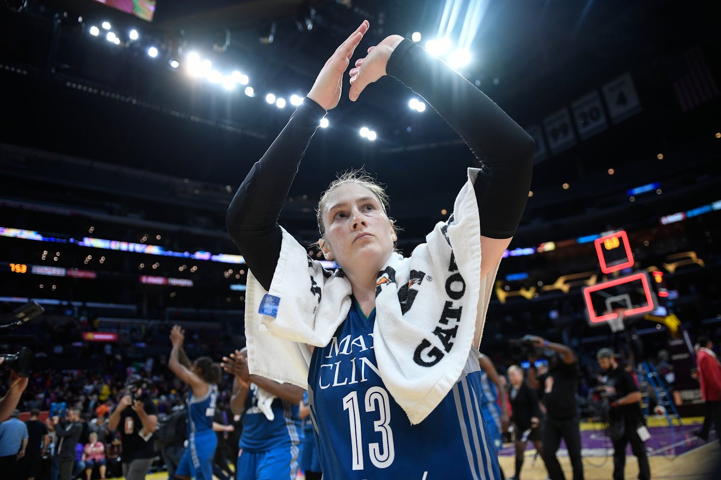 Minnesota Lynx guard Lindsay Whalen (13) celebrated her team's 80-69 victory over the Los Angeles Sparks, forcing a game five in the WNBA Finals. ] AARON LAVINSKY &#xef; aaron.lavinsky@startribune.com The Minnesota Lynx played the Los Angeles Sparks in game four of the WNBA Finals on Sunday, Oct. 1, 2017 at Staples Center in Los Angeles, California.