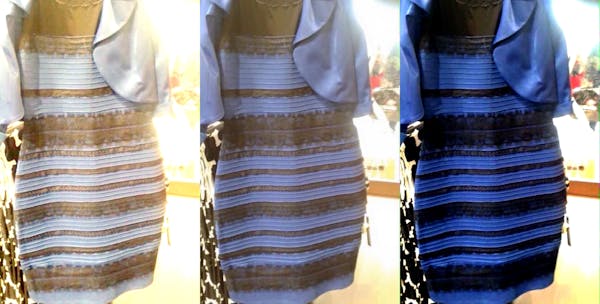 What color is the dress in the middle? Do you see gold and white, as pictured on the left, or black and blue, as pictured on the right?