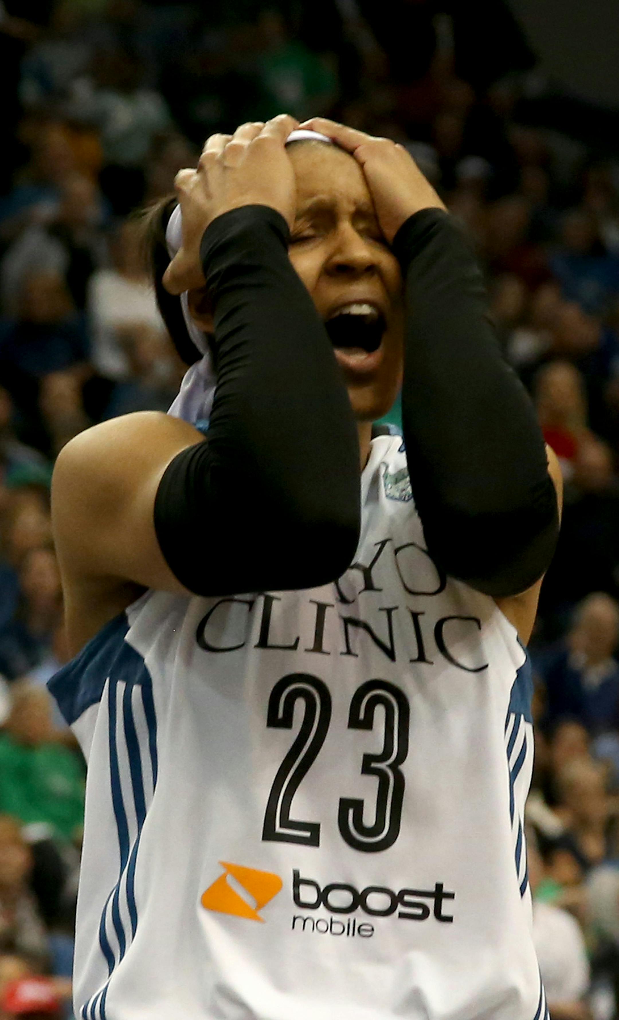 Lynx Maya Moore reacted after a foul was called on the Lynx during the second half ] (KYNDELL HARKNESS/STAR TRIBUNE) kyndell.harkness@startribune.com Game 1 of the WNBA Finals Lynx vs Indiana at the Target Center in Minneapolis Min., Sunday October 4, 2015.