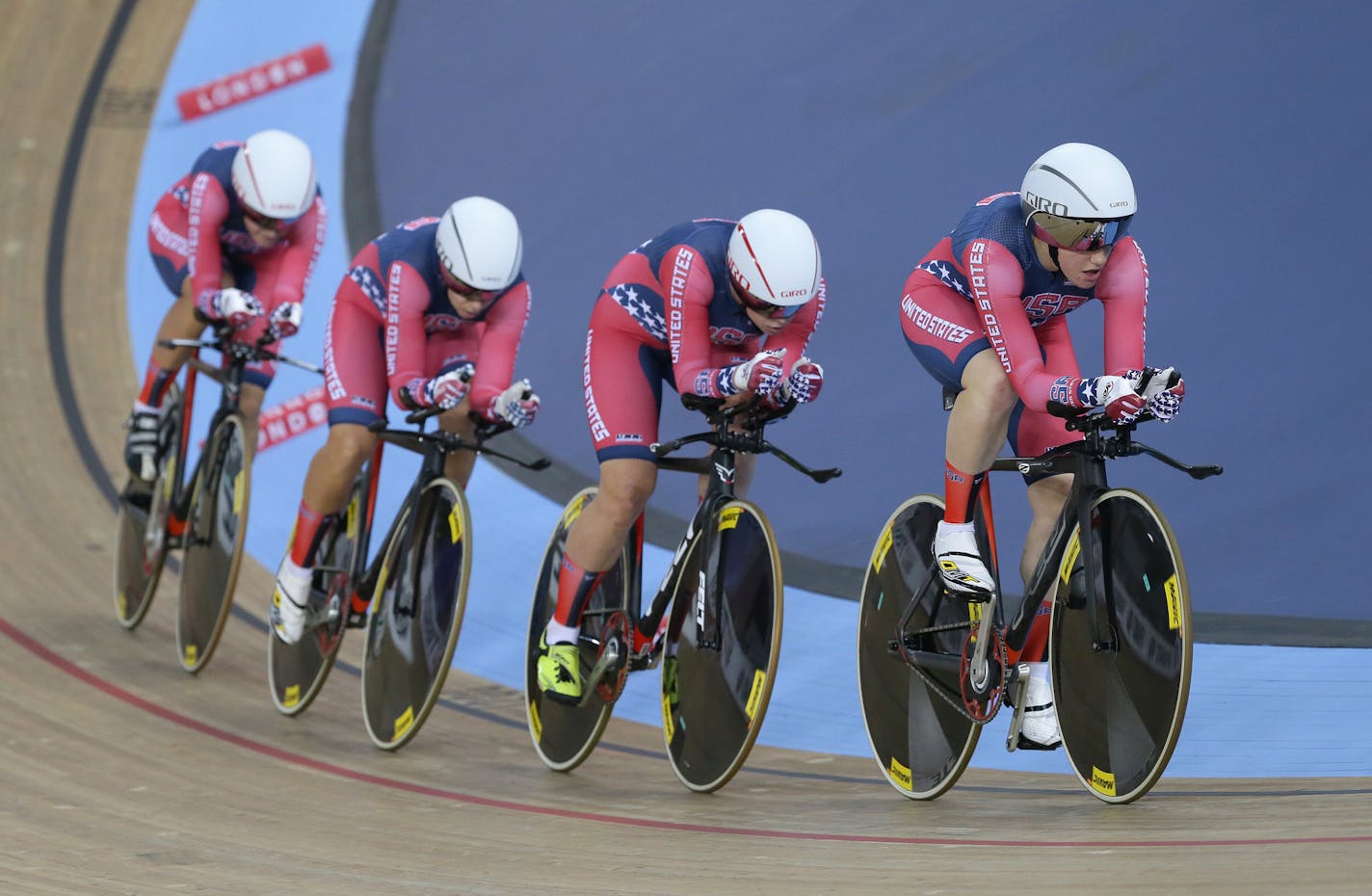 FILE - In this March 4, 2016, file photo, the United States' Sarah Hammer, Kelly Catlin, Chloe Dygert and Jennifer Valente compete in the team pursuit first round at the World Track Cycling championships at the Lee Valley Velopark in London. The U.S. team shredded the world record in the women&#xed;s team pursuit in March. They offer the best U.S. chance of winning a cycling medal at the Rio Olympics, but will be pushed by the top-ranked British squad and world bronze medalist Canada. AP Photo/T