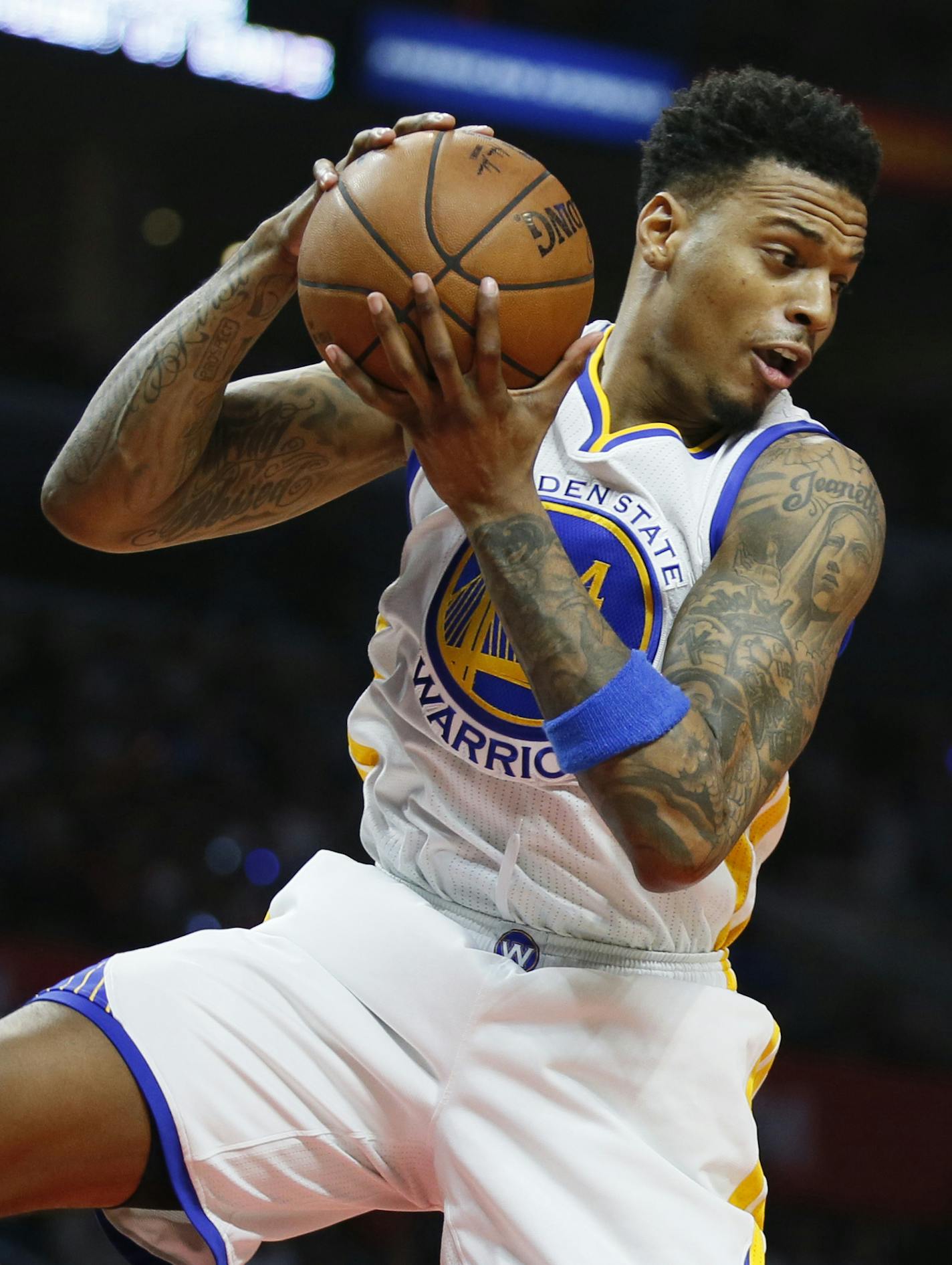 Golden State Warriors' Brandon Rush brings in a rebound against the Los Angeles Clippers during the first half of an NBA basketball game, Saturday, Feb. 20, 2016, in Los Angeles. (AP Photo/Danny Moloshok) ORG XMIT: NYOTK