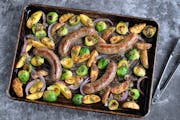 Roasted Sausage Dinner with Potatoes and Brussels Sprouts in Mustard Vinaigrette.