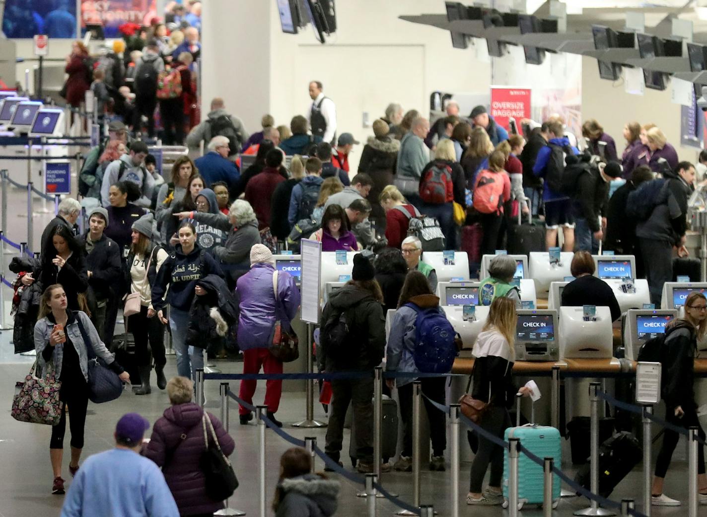 A crowd congregates near Delta ticketing in Terminal 1 as holiday travelers headed through MSP Airport Tuesday, Nov. 26, 2019, in Minneapolis] DAVID JOLES &#x2022; david.joles@startribune.com Thanksgiving should be a busy travel season, whether you're flying or driving. Fueled by lower gas prices, some 55 million revelers will take to the highway this season. TSA expects this Thanksgiving to be the second-busiest on record