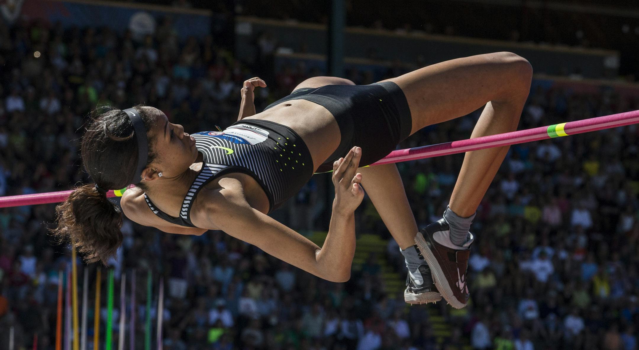 Vashti Cunningham competes in the women's high jump finals in Eugene, Ore., July 3, 2016. Cunningham is the reigning indoor world champion and is tied for the highest jump internationally this year with a leap of 6 feet, 6 1/4 inches. (Andrew Burton/The New York Times)