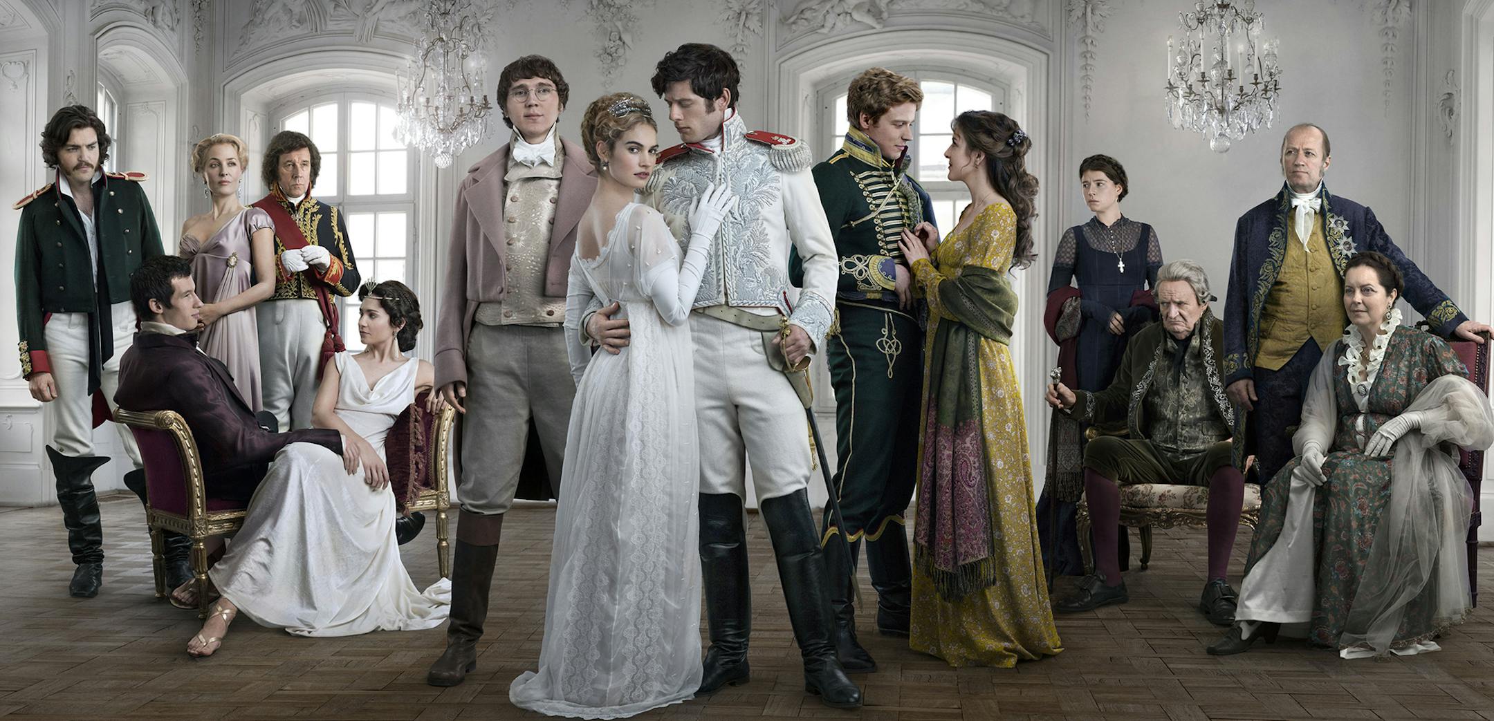The cast of "War and Peace": Dolokhov (TOM BURKE), Anatole Kuragin (CALLUM TURNER), Anna Pavlovna (GILLIAN ANDERSON), Prince Vassily Kuragin (STEPHEN REA), Helene Kuragin (TUPPENCE MIDDLETON), Pierre Bezukhov (PAUL DANO), Natasha Rostov (LILY JAMES), Prince Andrei (JAMES NORTON), Nikolai Rostov (JACK LOWDEN), Sonya (AISLING LOFTUS), Princess Marya (JESSIE BUCKLEY), Prince Bolkonsky (JIM BROADBENT), Eddie (ADE EDMONDSON), Countess Rostov (GRETA SCACCHI).