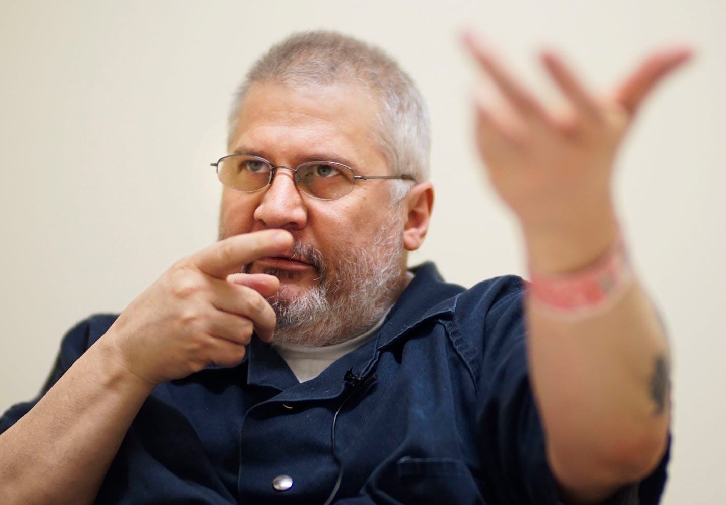 "They showed great restraint because they did not shoot me," says Robert Wood who is showing how he held his pellet gun. He is locked up at the Ramsey County Correctional Facility in Maplewood. He will be a felon for shooting a St. Paul police officer with a pellet gun when he attempted suicide by cop at his apartment. Richard Tsong-Taatarii/rtsong-taatarii@startribune.com