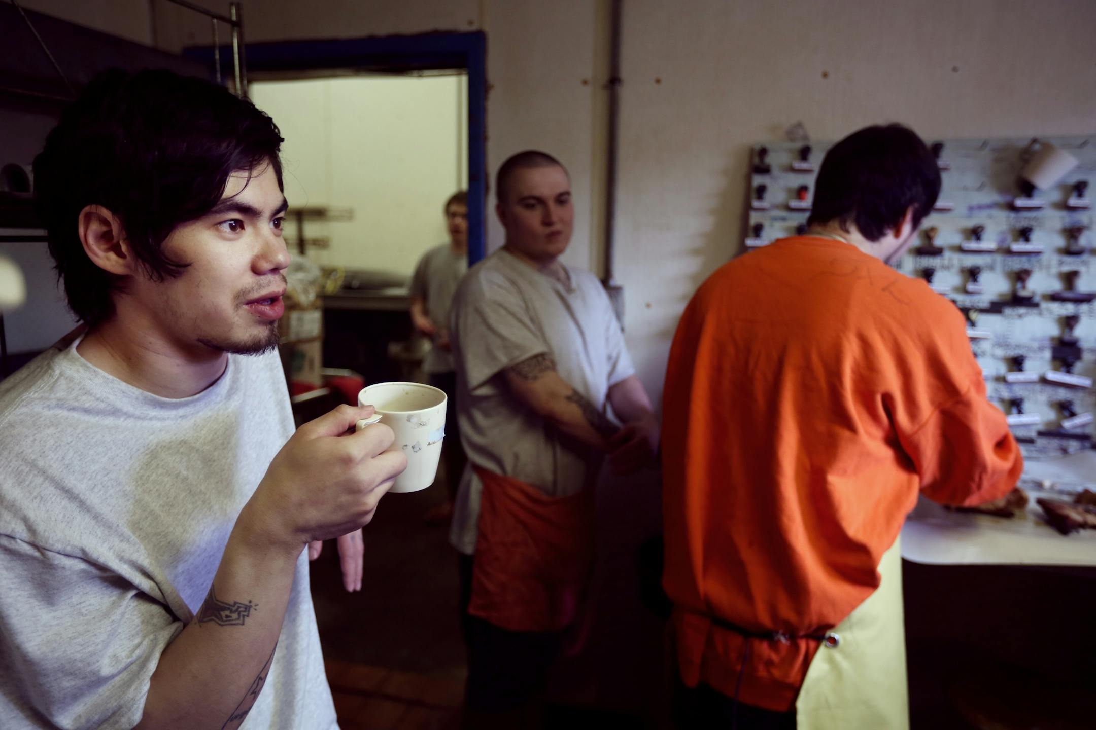 Jake Truong enjoyed and cup of coffee and fresh roast chicken during his break. Inmates at the Northeast Regional Corrections Center butcher chickens and pigs mostly to eat later in the week for lunch. A few lawmakers want to turn that loose program into a certification-granting curriculum with the idea that it will help the men get jobs and, more broadly, respond to a shortage of butchers.