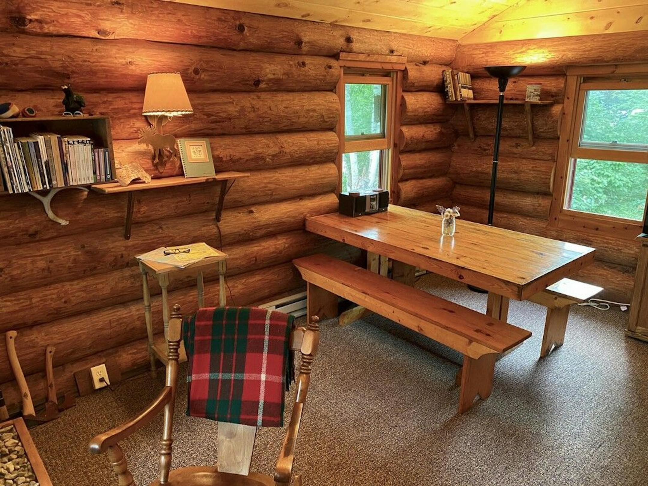 Inside the rustic cabin.