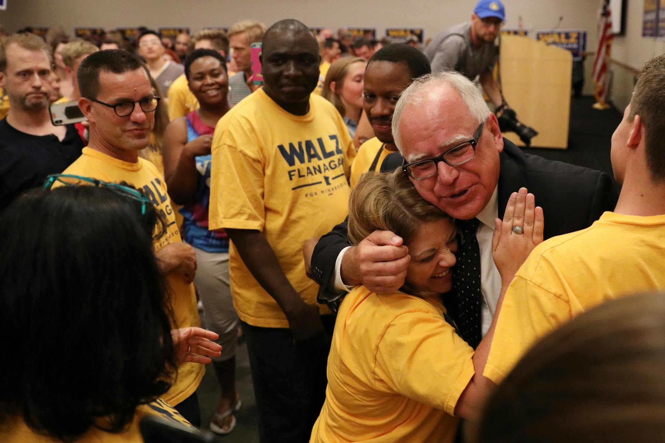 DFL candidate for governor Tim Walz greeted supporters after he had won the primary during a watch party at the Carpenters Union Hall.