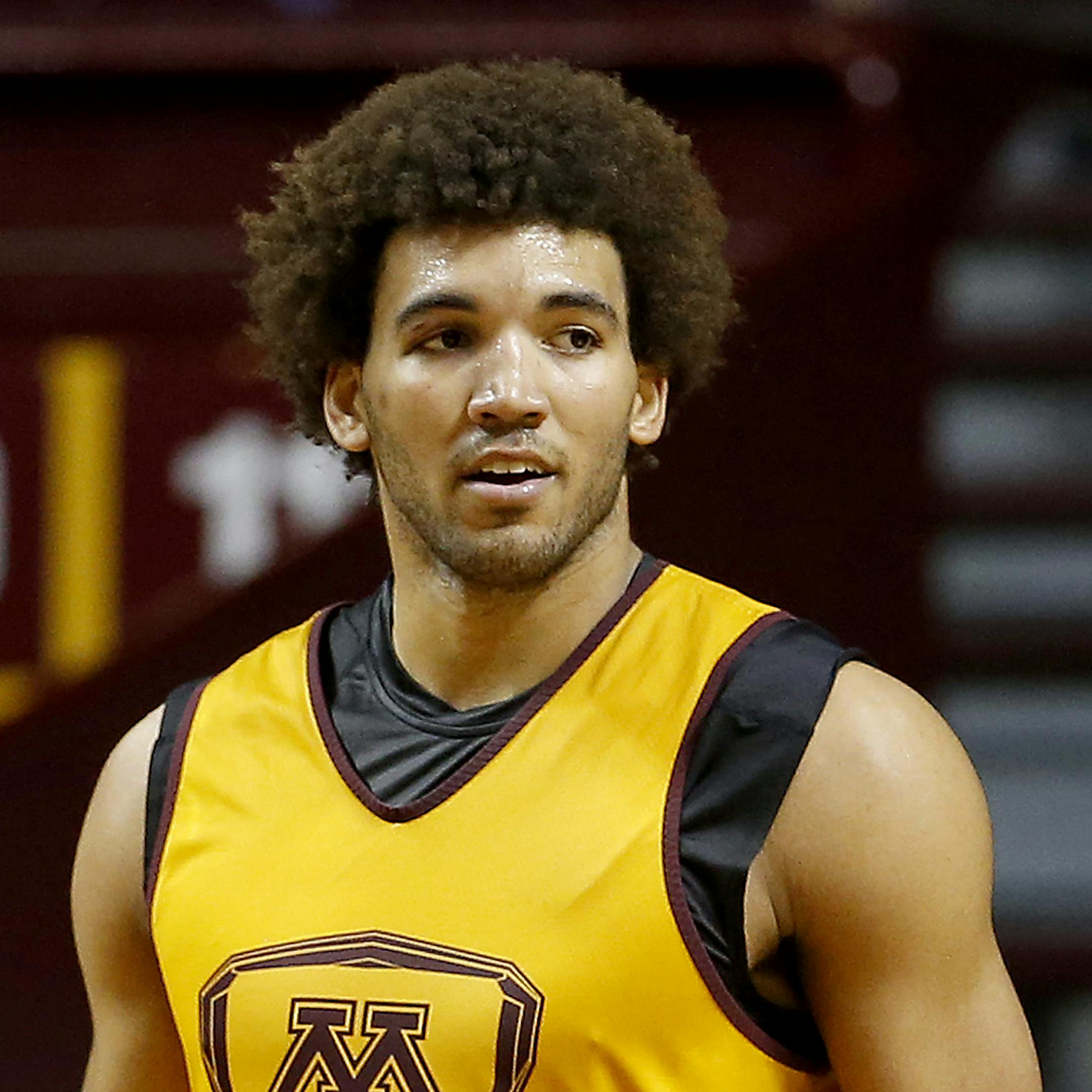 Davonte Fitzgerald (20) and Reggie Lynch (22) during a team scrimmage at Williams Arena. Both players have to sit out this season per NCAA rules. ] CARLOS GONZALEZ ï cgonzalez@startribune.com - October 25, 2015, Minneapolis, MN, Williams Arena, University of Minnesota Gophers Basketball Scrimmage, ORG XMIT: MIN1510251742084050