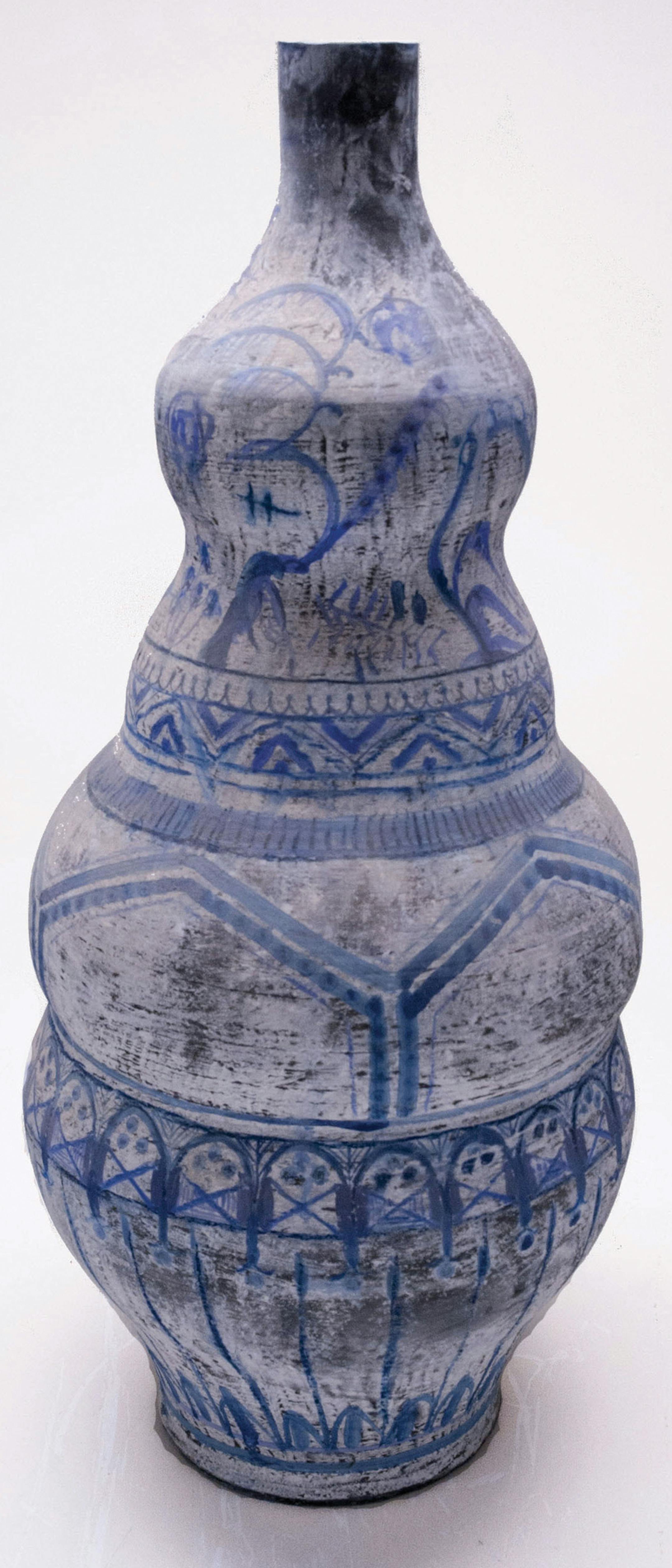 Rory MacDonald, Chalkworks Vase Fluorescence Blue and White, 2011 - 14, cone 6 porcelain, black slip, chalk, 25 x 11 x 11" Provided by Northern Clay Center