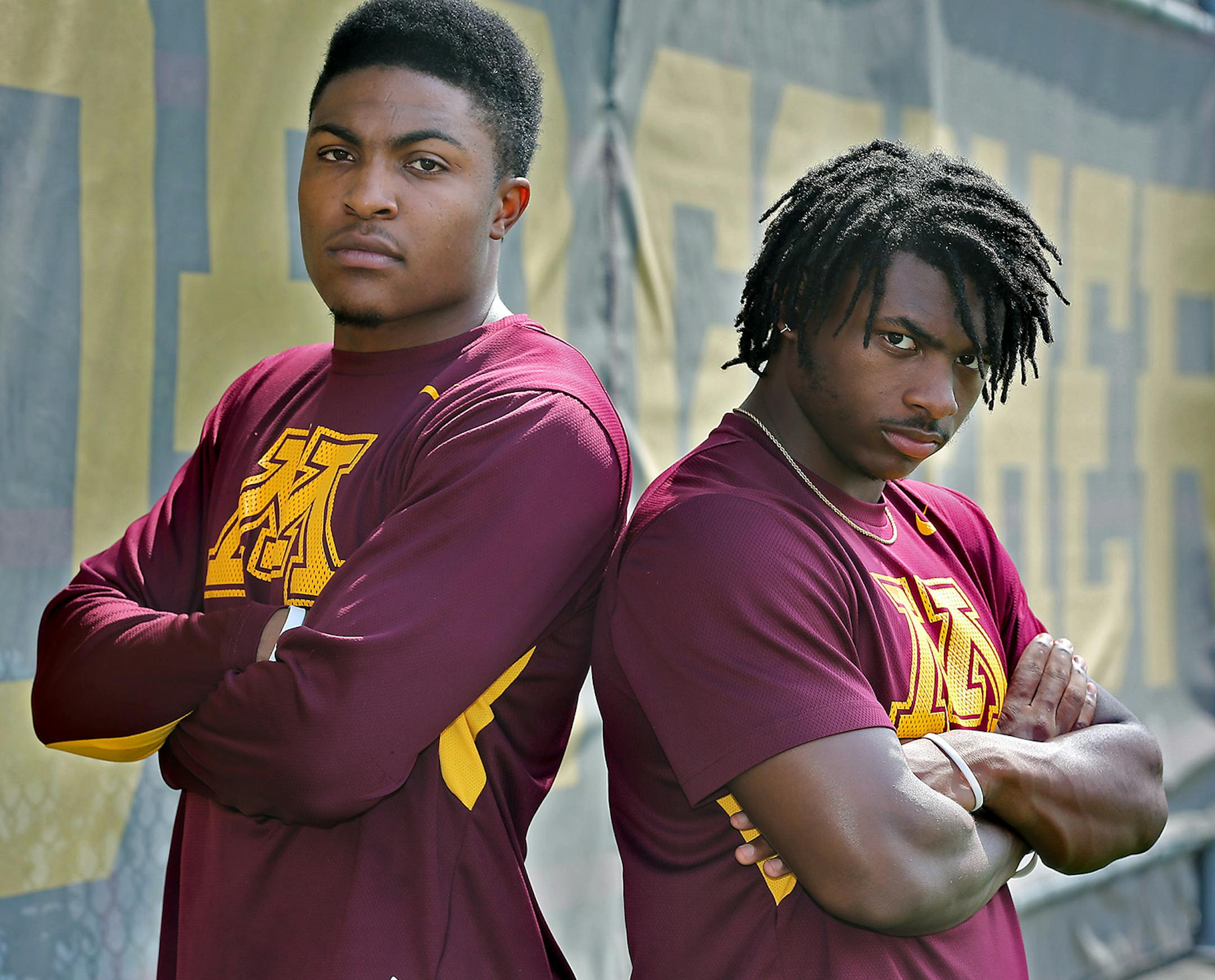 Minnesota Gophers Damarius Travis, left, and Jalen Myrick, right, Thursday, August 4, 2016 at Bierman Field in Minneapolis, MN. ] (ELIZABETH FLORES/STAR TRIBUNE) ELIZABETH FLORES • eflores@startribune.com