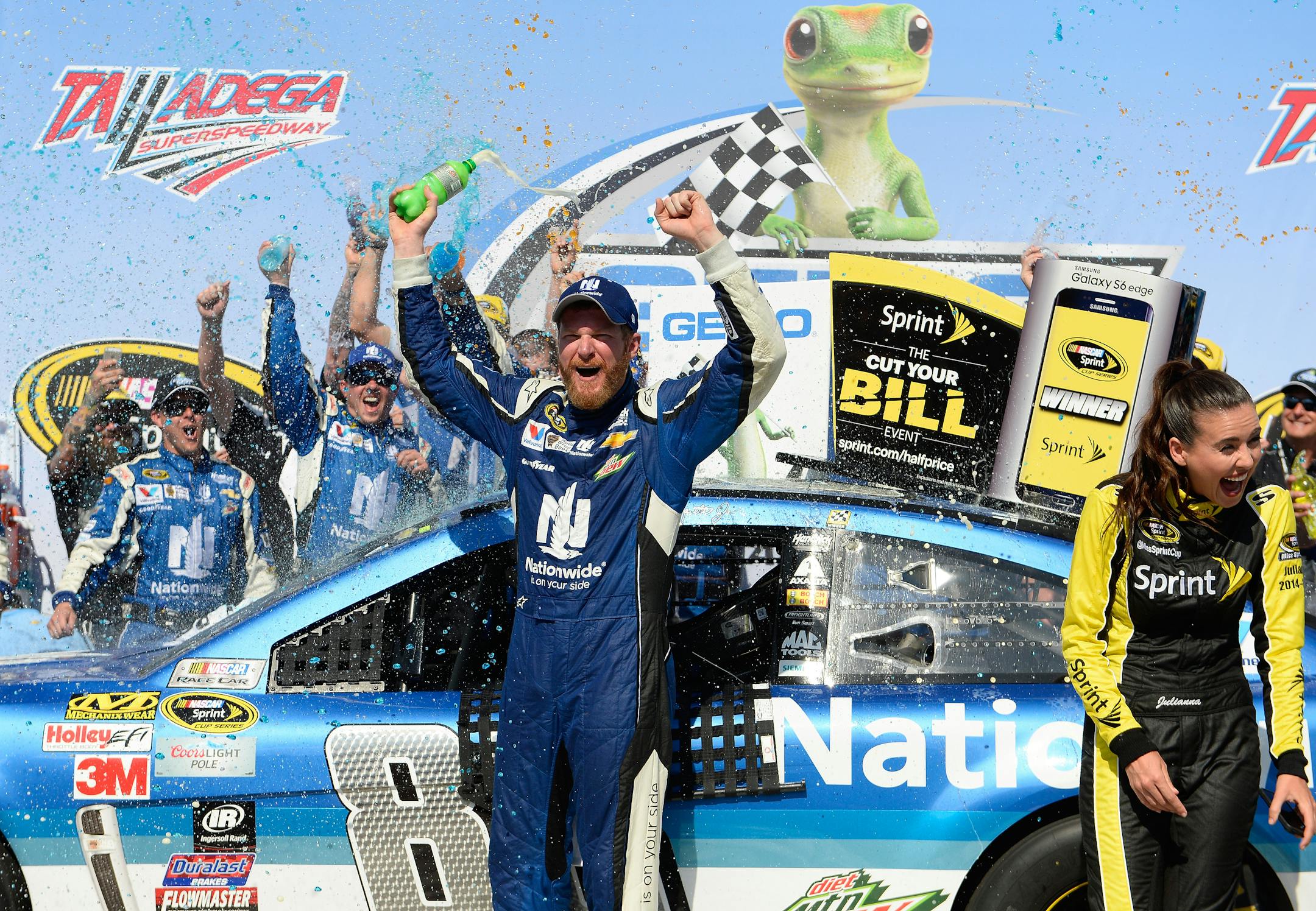 Dale Earnhardt Jr. celebrates in Victory Lane after winning the Talladega 500 NASCAR Sprint Cup Series auto race at Talladega Superspeedway, Sunday, May 3, 2015, in Talladega, Ala. (AP Photo/David Tulis)
