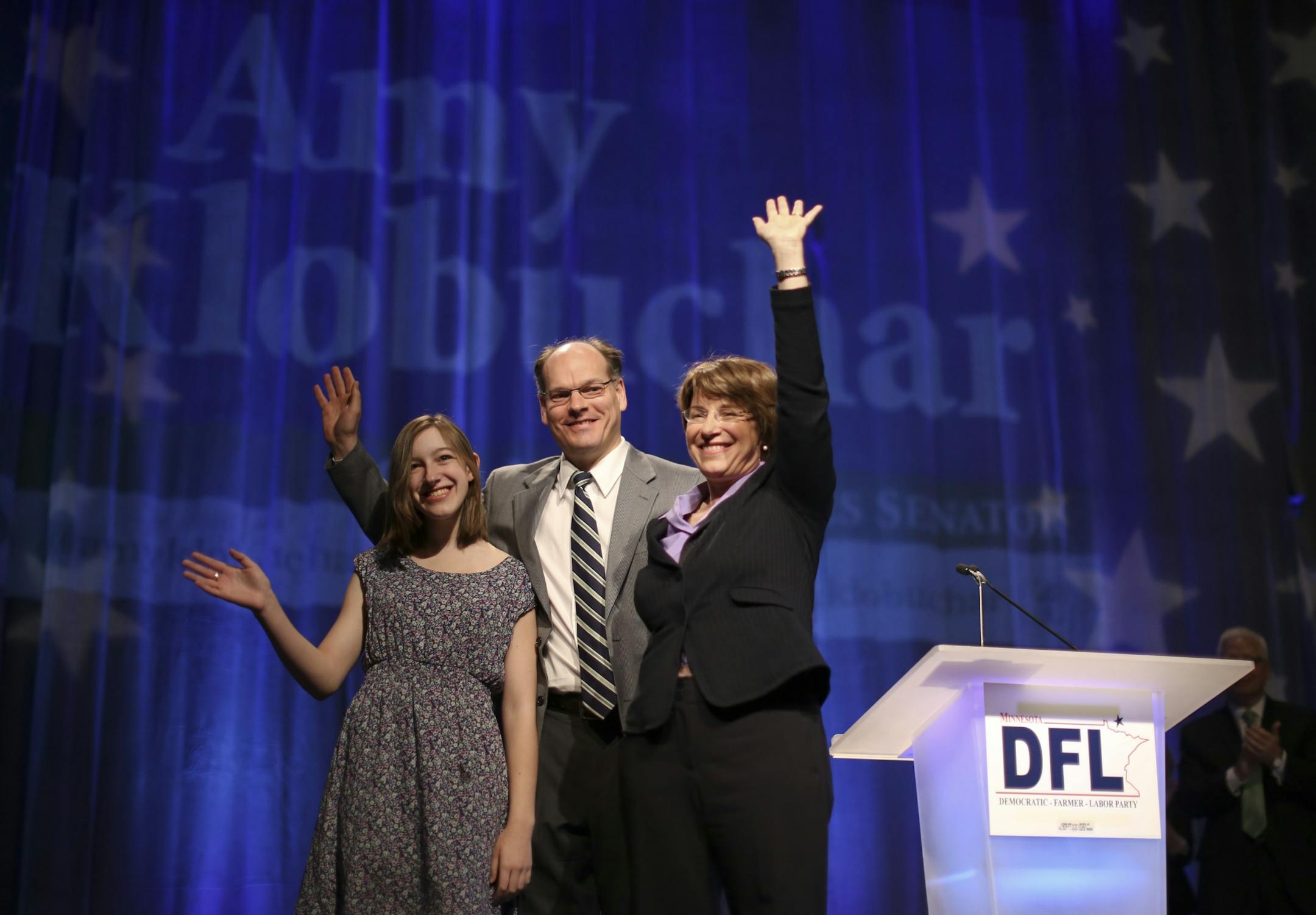 The 2012 Minnesota DFL State Convention is taking place Saturday, June 2, 2012 at the Mayo Civic Auditorium in Rochester, Minn. Sen. Amy Klobuchar waved from the podium with her daughter, Abigail, and her husband, John Bessler, after she accepted the nomination for reelection from the convention Saturday afternoon.