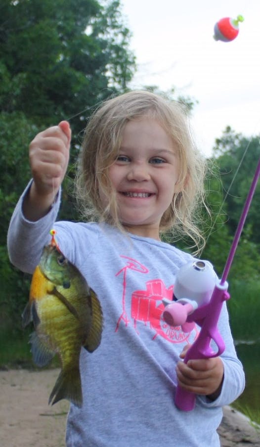 Fishing with an aunt at Net Lake in Pine County, 4-year-old Natalie Farmer of Andover caught her first sunfish using her Rapunzel fishing pole.  She kissed the sunfish before releasing it.