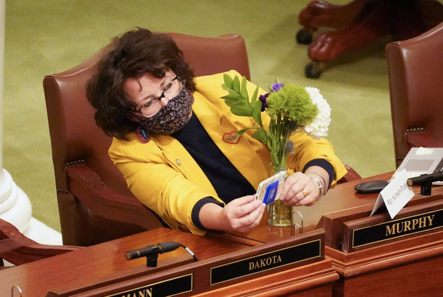 During a lull in the final day, Rep. Mary Kunesh-Podein, DFL-New Brighton, took a selfie from the desk she was using. ] GLEN STUBBE • glen.stubbe@startribune.com Sunday, May 17, 2020 The House floor on the final day of the regular Minnesota legislative session that votes may be cast for bills. A small number of legislators including their leaders, must stay in St Paul. The rest listen or watch from their homes or offices. All votes are cast by roll call vote, recorded by the Chief Clerk Patrick