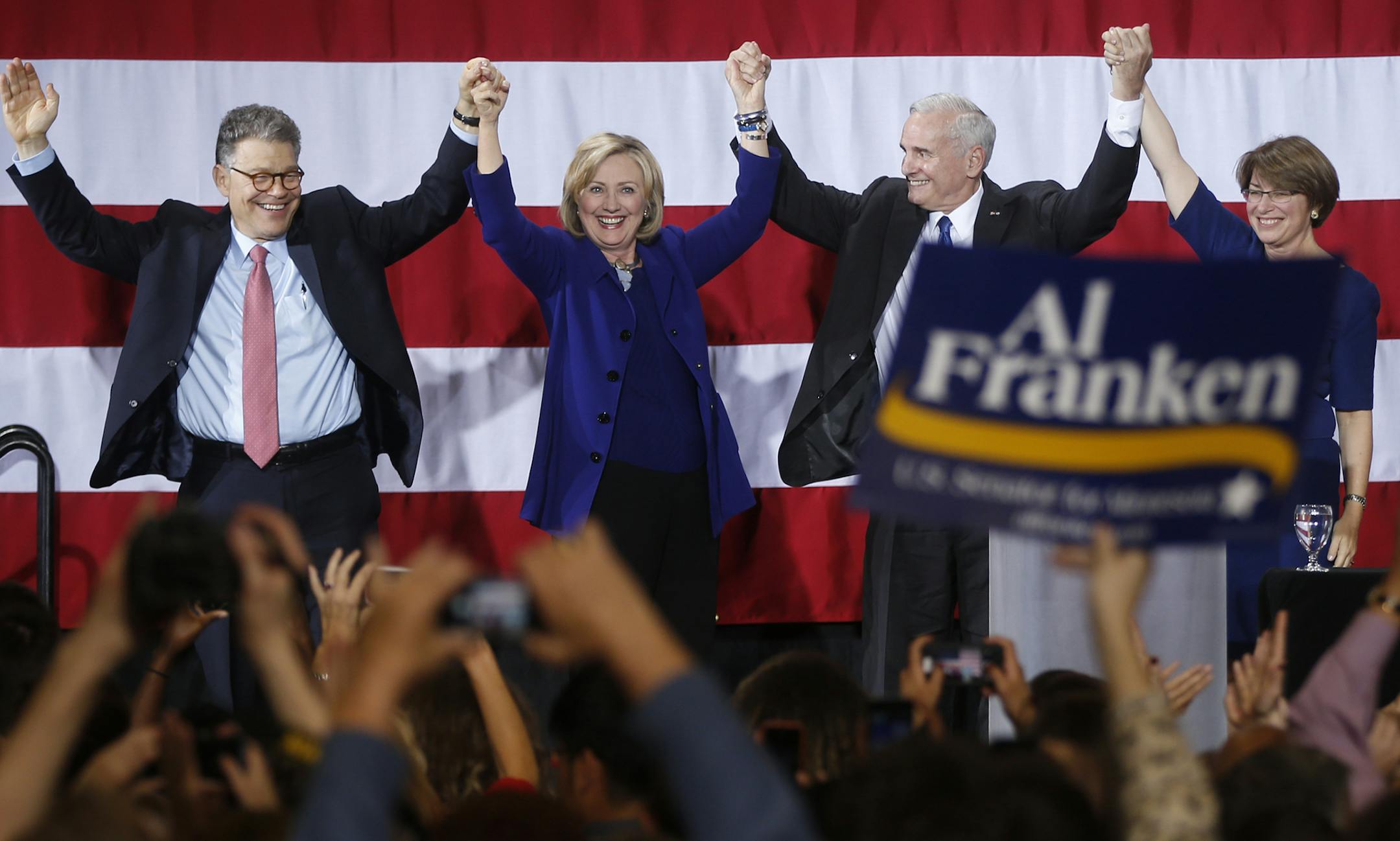 Hillary Clinton stumped for Senator Al Franken and Governor Mark Dayton. Senator Amy Klobuchar was also present to lend her support.] at the Leonard Center Field House at Macalester College in St. Paul on October 23, 2014 .Richard Tsong-Taatarii/rtsong- taatarii@startribune.com ORG XMIT: MIN1410231952174463